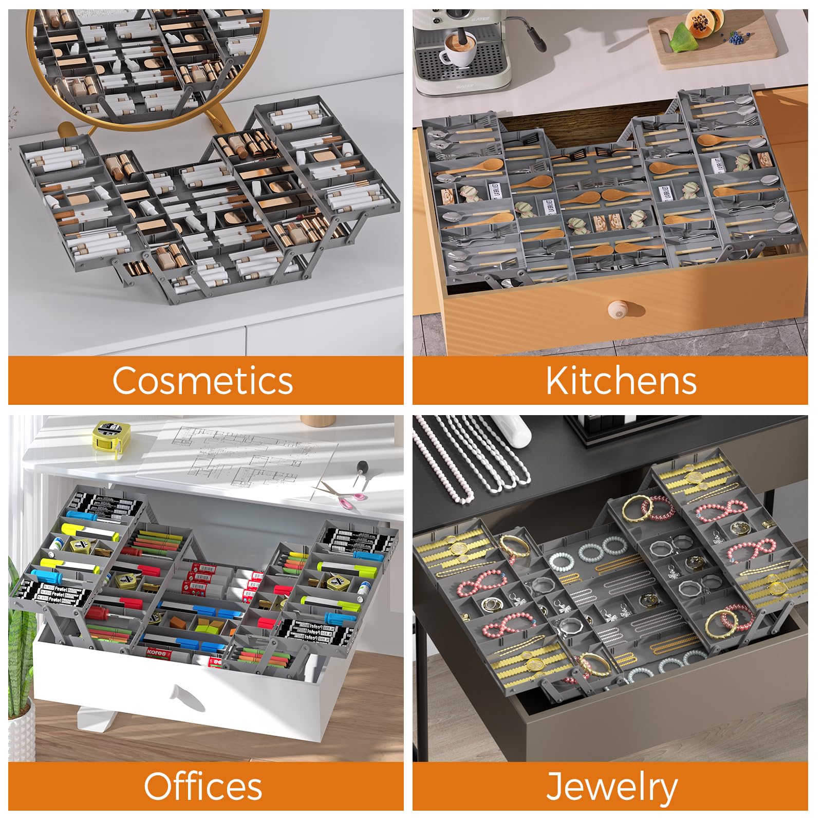 3 Tier Expandable Drawer Organizer - Smart Office & Kitchen Storage for Makeup, Jewelry, Cosmetics | Multi-Level Desk & Junk Drawer Organizer (2 Row 3 Tier) | Perfect for Home, Office & Travel Organization