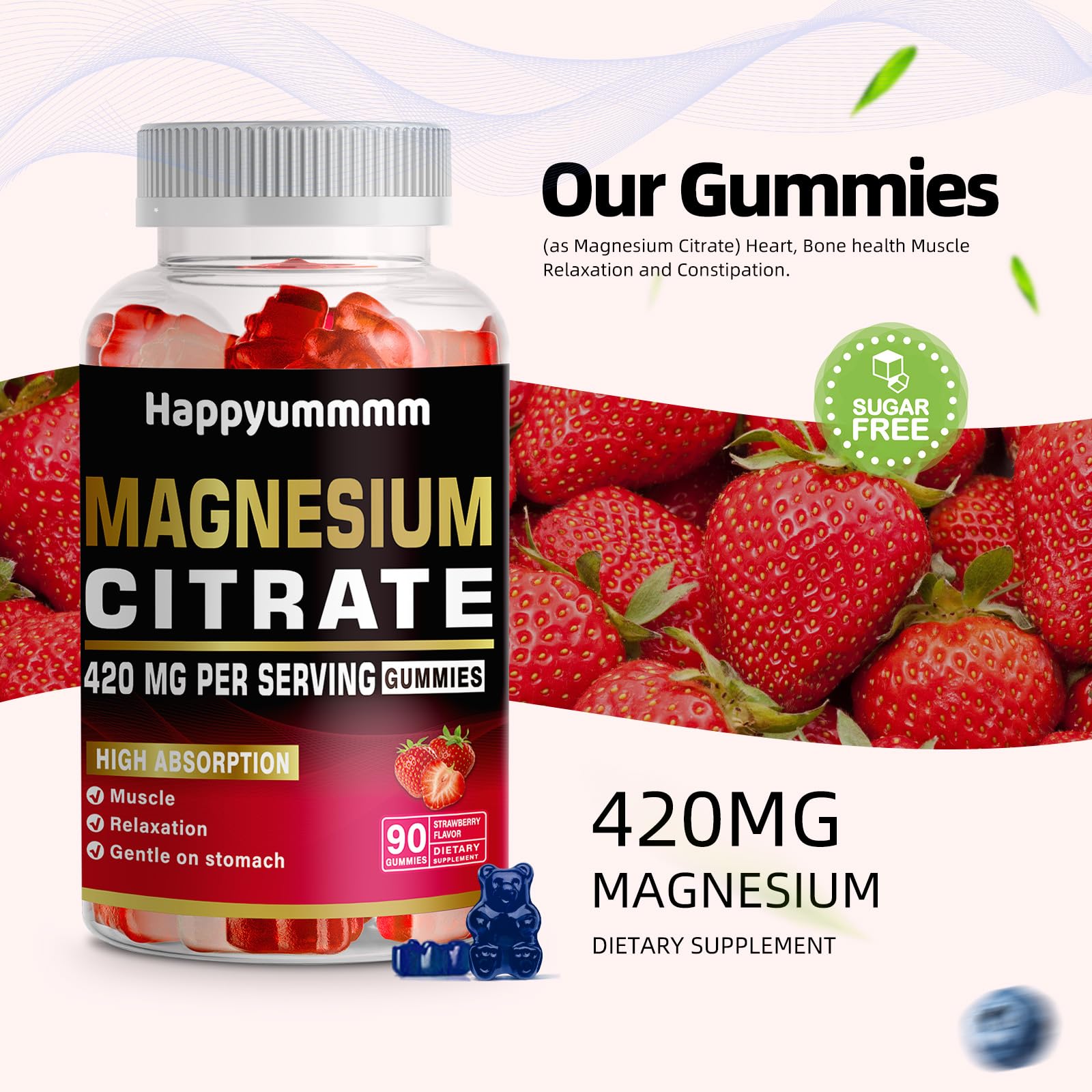 Premium Magnesium Citrate Gummies 420mg per Serving - 90 Vegan Strawberry Gummies for Relaxation, Muscle Recovery & Bone Health - Natural Energy Support Supplement - Perfect for Stress Relief, Workout Recovery & Better Sleep