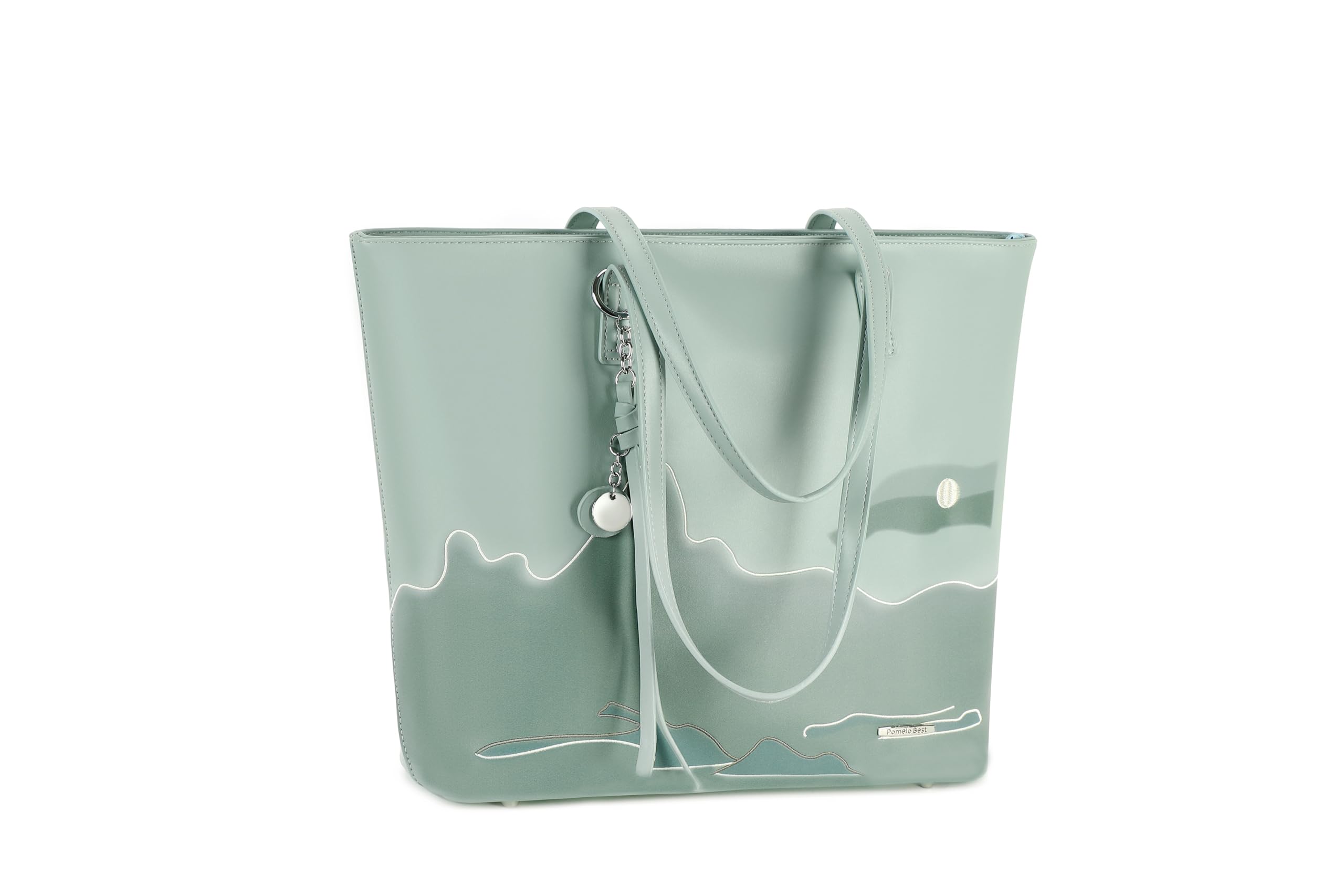 Premium PU Leather Tote Bags for Women - Large Zippered Handbags with Shoulder Strap, Light Green Chinese Landscape Print, Stylish Work & Everyday Purse | Perfect for Office, Commuting, Shopping & Travel