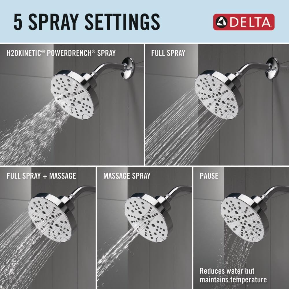 Delta Faucet Nicoli 14 Series Single-Handle Shower Faucet with 5-Spray H2Okinetic Shower Head - Chrome Finish 142749 (Includes Shower Valve) - Perfect for Modern Bathroom Renovations & Spa-Like Shower Experience