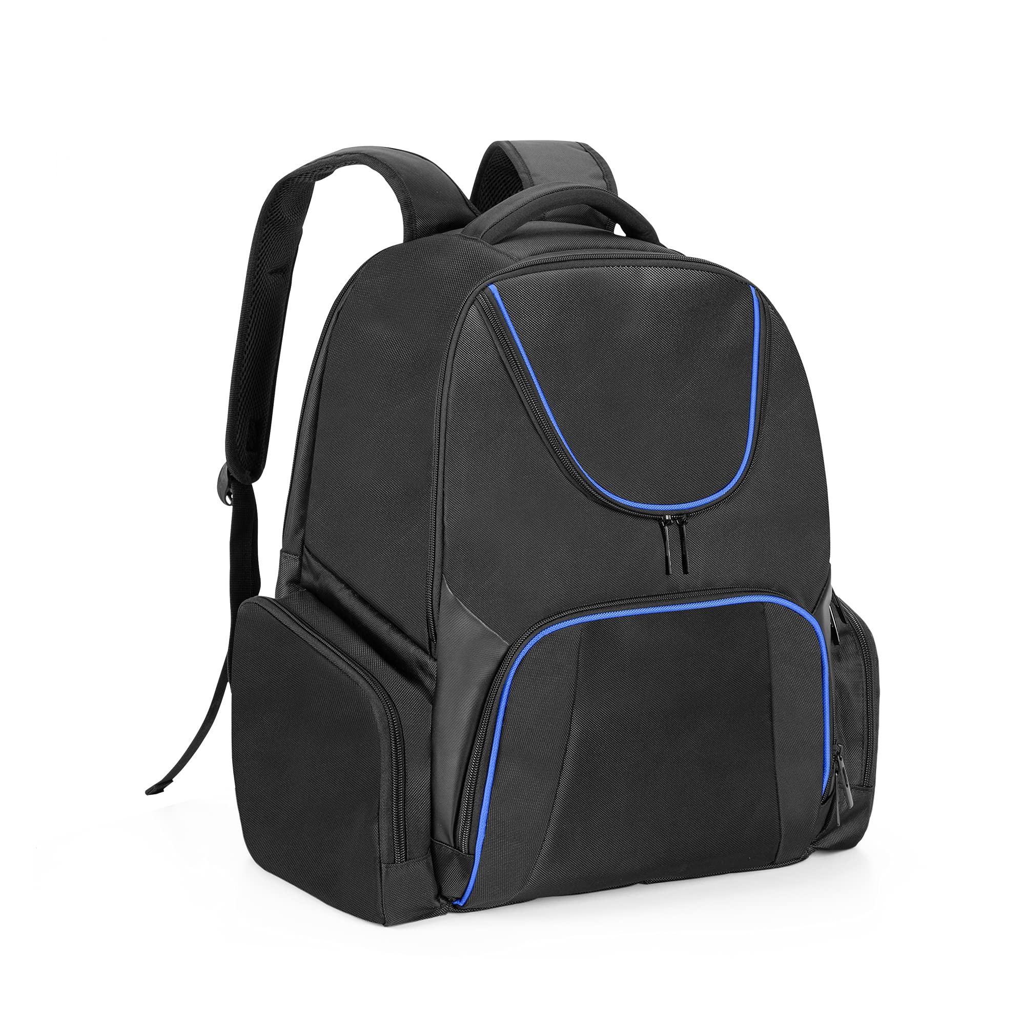 CURMIO Gaming Console Carrying Case Compatible with PS5, PS4, PS4 Pro, Xbox Series S/X, Xbox One, Xbox 360 - Travel Backpack for Controllers, Games & Accessories - Perfect for Travel, Storage & Gaming Parties (Blue Stripe Design)