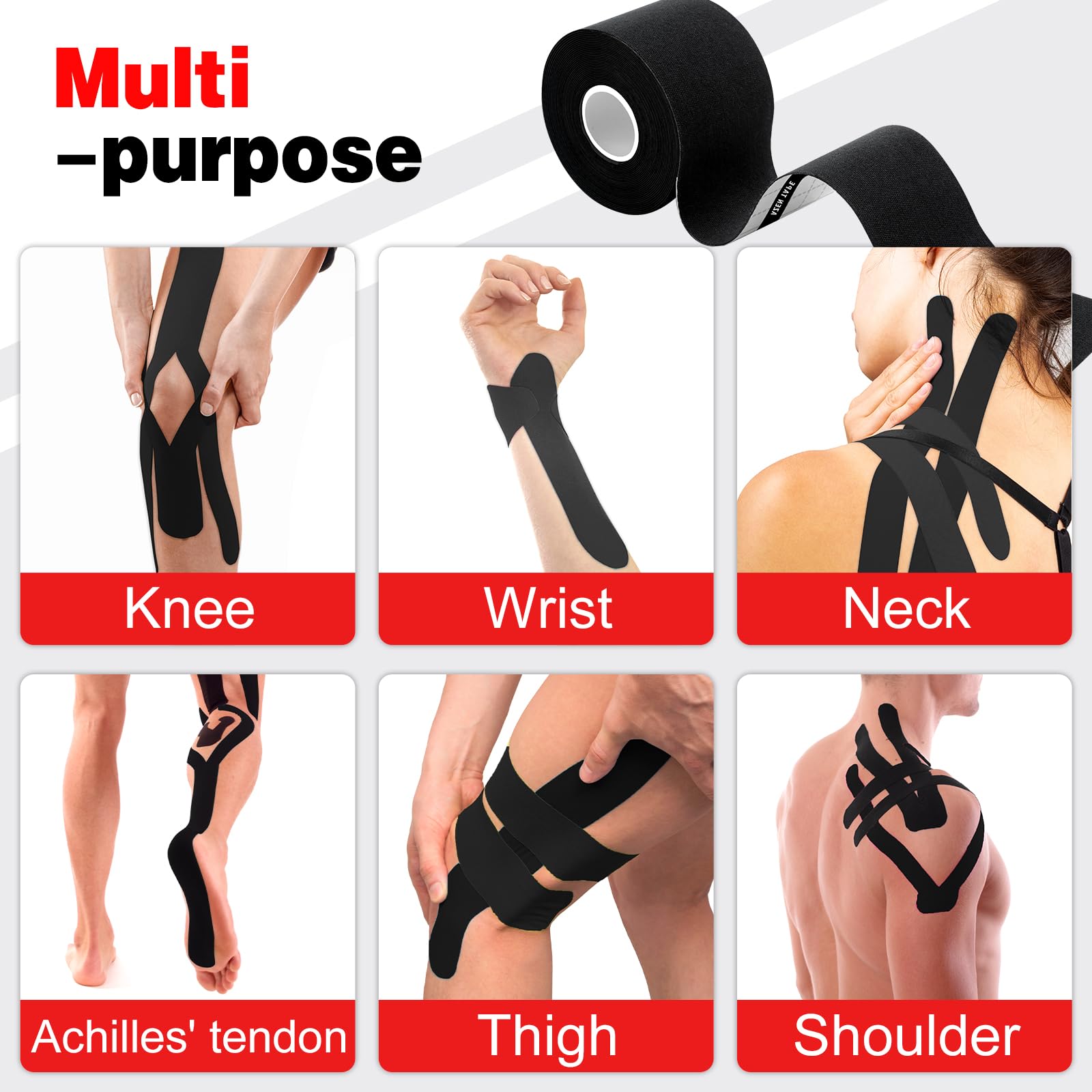 AZEN 3 Rolls Kinesiology Tape - 16.4 ft Waterproof Athletic Tape for Joint Support & Muscle Pain Relief - Uncut Muscle Tape, Knee Tape for Sports Injuries - Black - Ideal for Running, CrossFit & Post-Workout Recovery