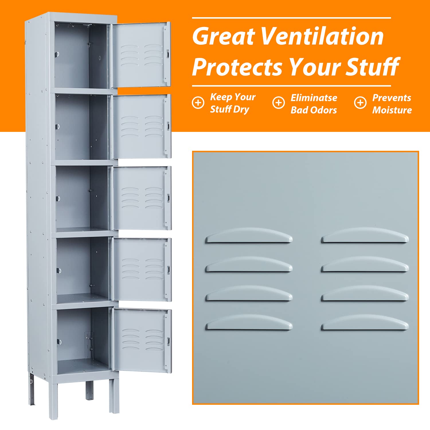 5-Tier Steel Storage Locker with 5 Doors - Heavy Duty Metal Locker for School, Home, Office & Gym - Secure Grey Organizer for Sports Equipment, Books & Office Supplies
