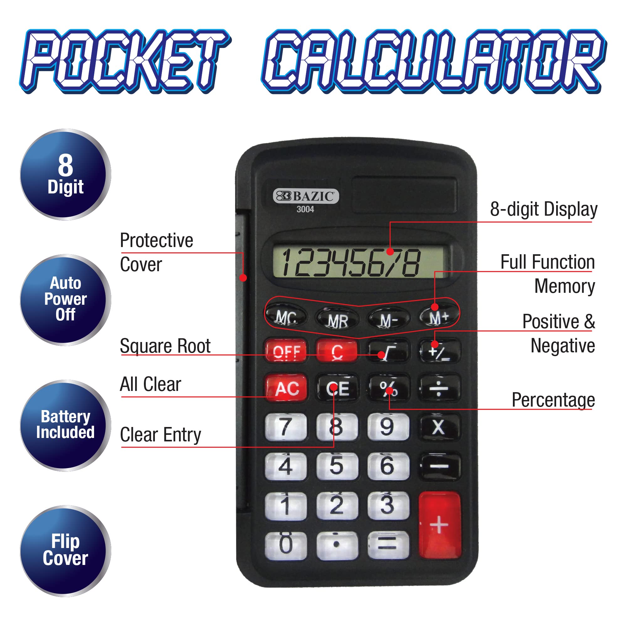 BAZIC 8-Digit Pocket Calculator with Flip Cover & LCD Display - Compact Standard Function Calculator for School, Office, Business, Finance - Bulk 144-Pack (Black) - Perfect for Accounting, Budgeting, and Everyday Math Calculations