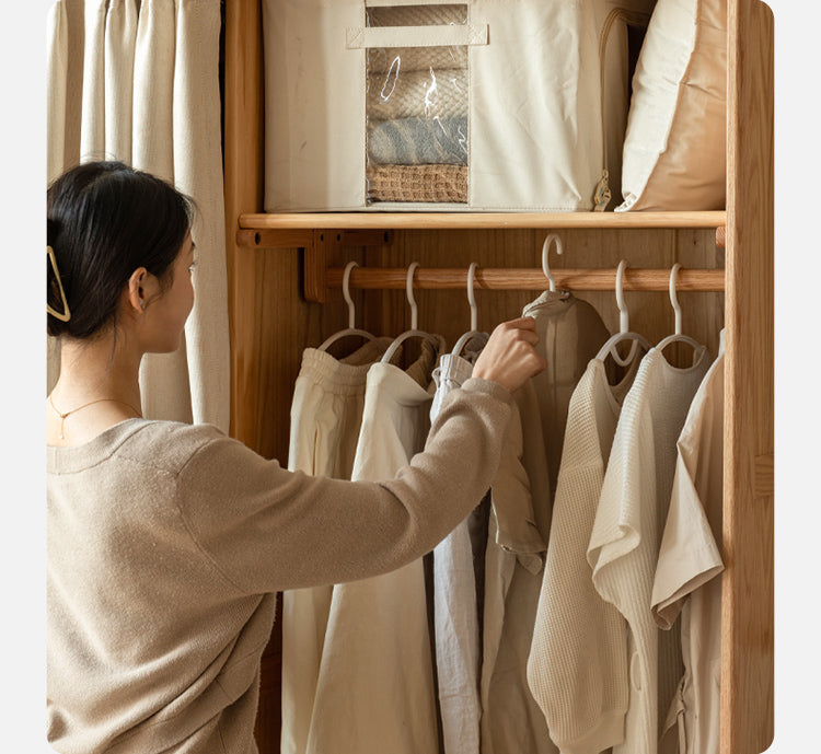 Oak Solid Wood Wardrobe with Curtain Design - Elegant Closet Storage for Bedroom, Living Room & Dorm Organization