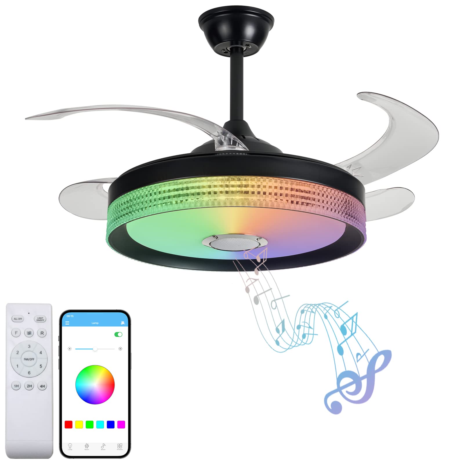 42 Inch Smart Retractable Ceiling Fan with RGB Color Changing Lights & Bluetooth Control - 6 Speed Adjustable Invisible Fan with Remote - Perfect for Bedroom, Living Room & Outdoor Patio (Black)