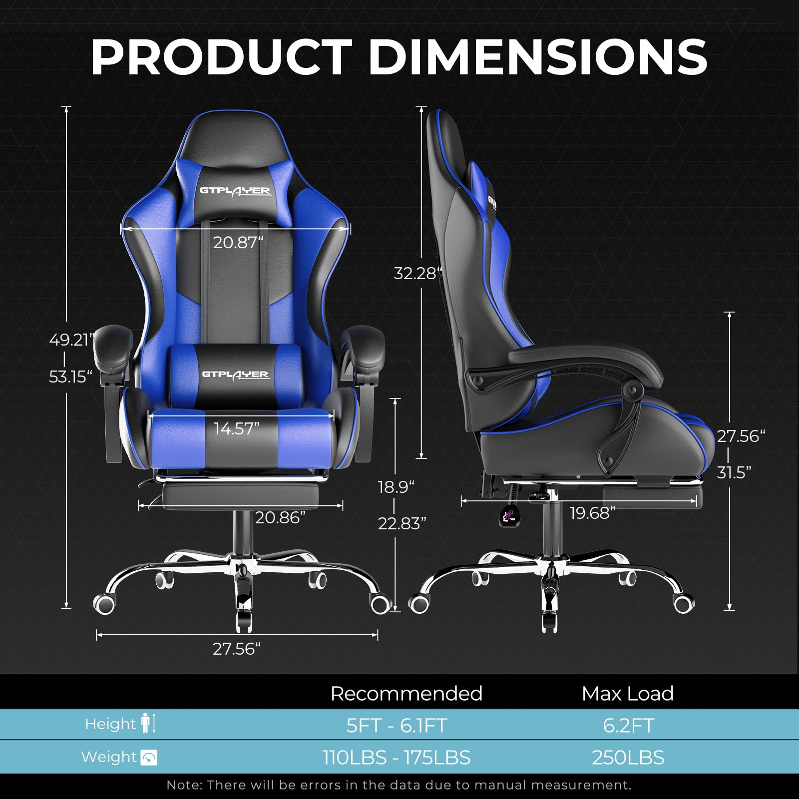 GTPLAYER Ergonomic Gaming Chair with Adjustable Lumbar Support & Footrest - 360° Swivel Office Chair with Headrest for PC, Computer, Video Games & Home Office (Blue) - Perfect for Long Gaming Sessions & Work From Home Comfort