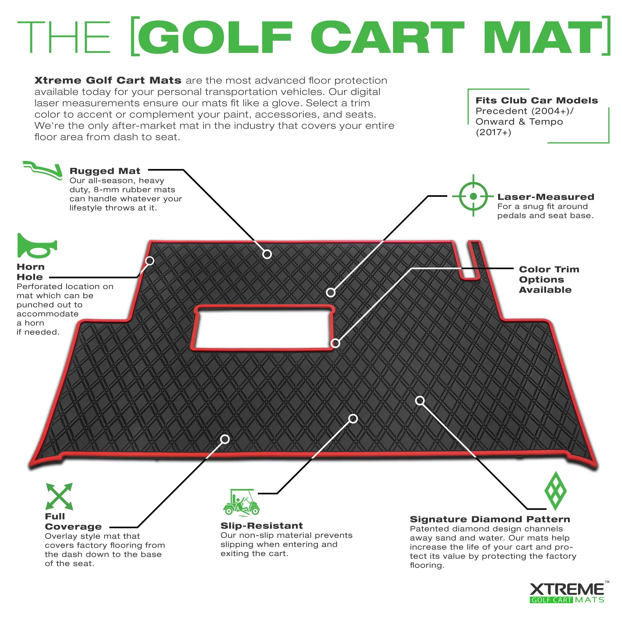 Xtreme Mats Club Car Golf Cart Floor Mat - Heavy Duty Rubber Liner for Precedent (2004-2024+), Onward, Tempo (2017-2024+), Villager & V4L (2019-2024+) - Blue Trim - Perfect for Golfing, Camping & Outdoor Adventures