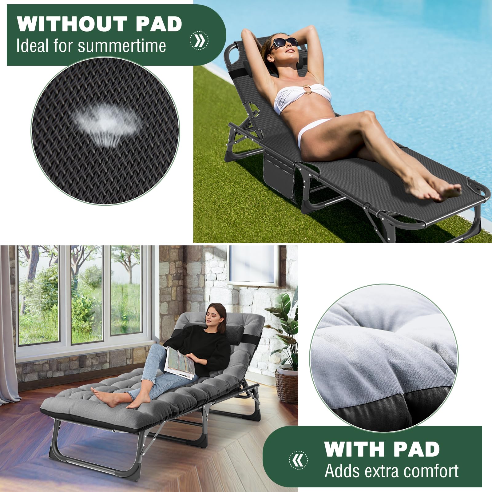 LILYPELLE 5-Position Adjustable Folding Outdoor Chaise Lounge Chair with Mattress - Patio Reclining Sun Lounger for Sunbathing, Camping, Poolside & Beach Relaxation - Perfect for Backyard, Deck and Outdoor Leisure