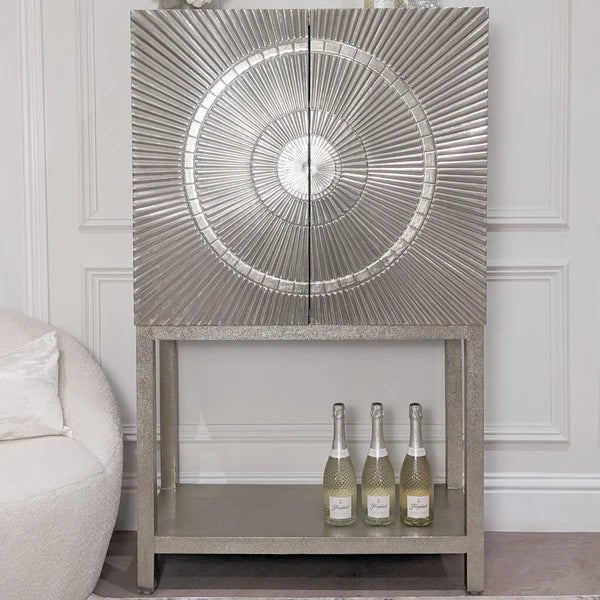 Elegant Silver Metal Embossed Bar Cabinet with Two Doors - Perfect for Home Bar, Living Room, or Dining Room Storage