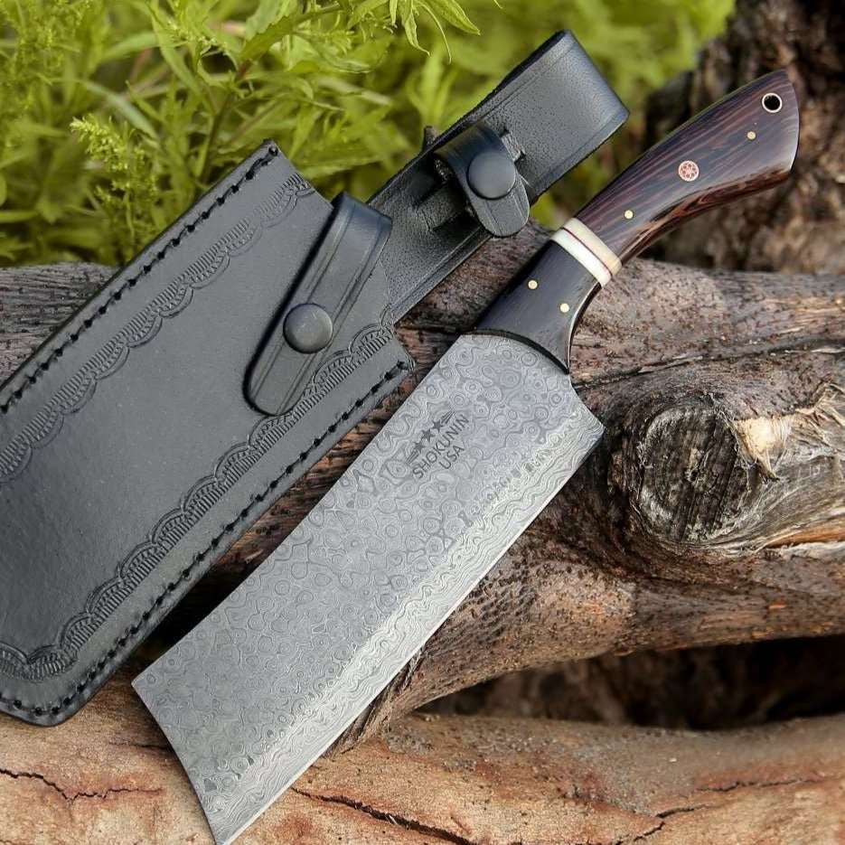 Premium Damascus Steel Cleaver Knife with Bone & Exotic Wenge Wood Handle - Professional Chef's Knife for Meat Cutting, Chopping & Kitchen Prep
