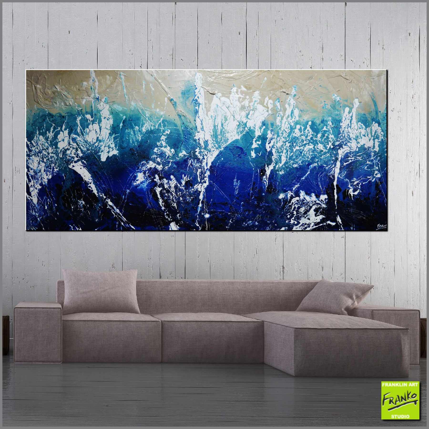270cm x 120cm Cream White Blue Textured Abstract Beach Painting - Large Modern Wall Art for Living Room, Bedroom & Office Decor