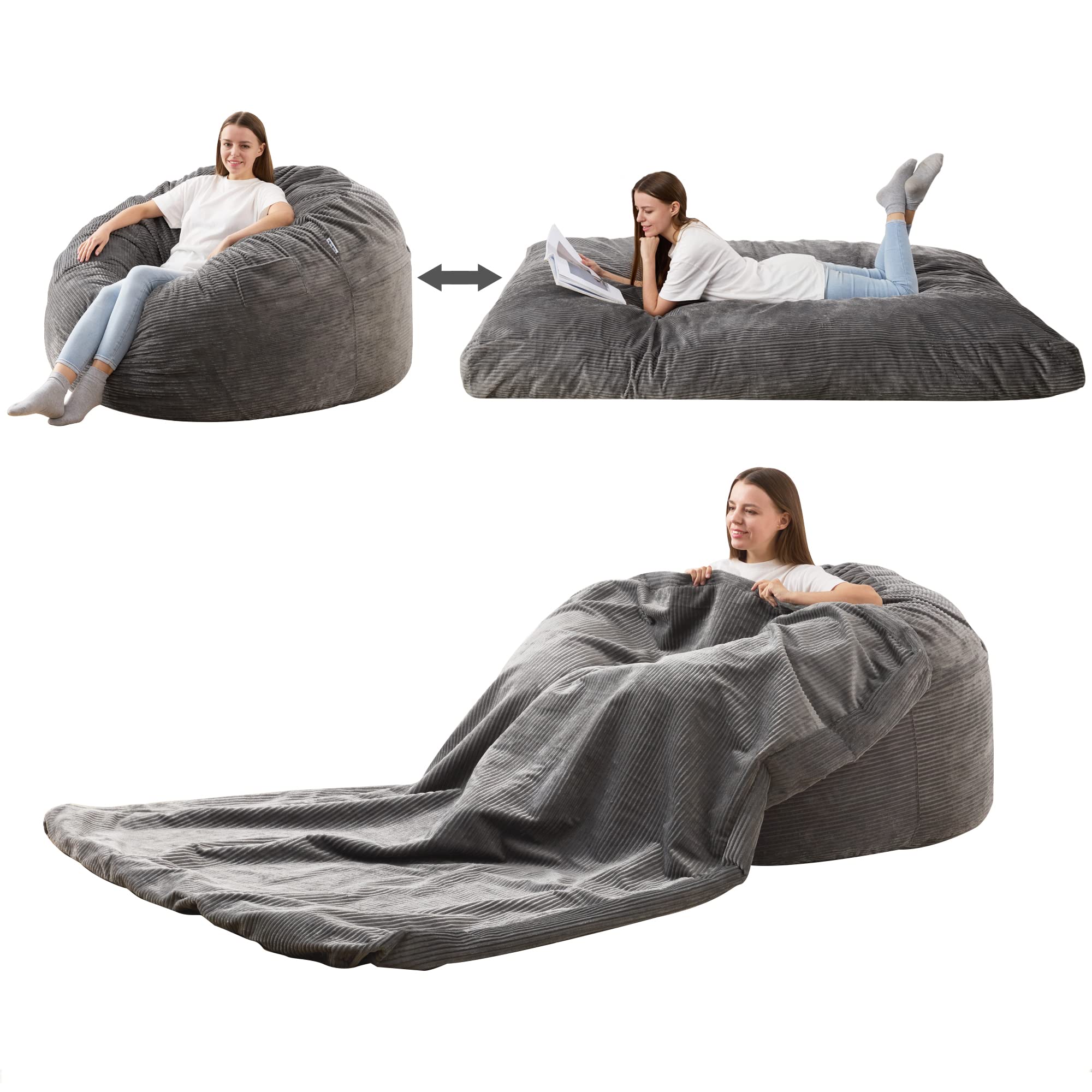 Homguava Corduroy Convertible Bean Bag Chair - Shape-Shifting from Bean Bag to Mattress, Grey Queen Size for Living Room, Bedroom & Dorm | Perfect for Lounging, Gaming & Extra Guest Sleeping