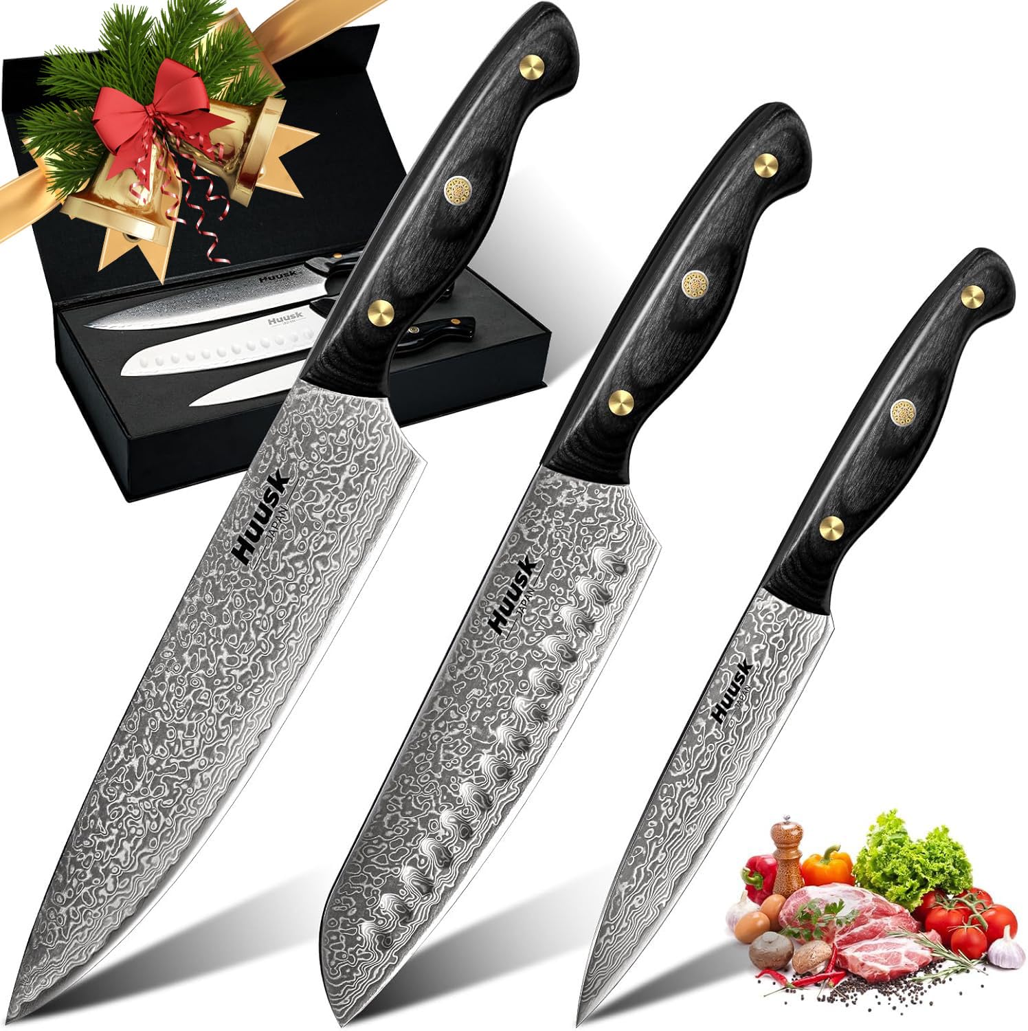 Premium Huusk Damascus Chef Knife Set 3-Piece - VG10 Santoku Knife, Utility Knife & Paring Knife with Ebony Handle - Professional Japanese Steel Kitchen Knives for Meat, Vegetables, Fruits - Perfect Gift for Dad, Mom & Home Chefs - Ideal for Cooking, Slicing, Dicing & Food Prep