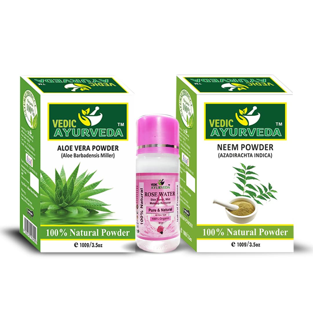 VEDICAYURVEDA Aloe Vera & Neem Powder for Skin Moisturizing, Anti-Aging, Natural Face Cleanser with Rose Water for Glowing Skin & Blackhead Removal (100g, Pack of 3) - Perfect for Daily Skincare Routine & Spa Treatments
