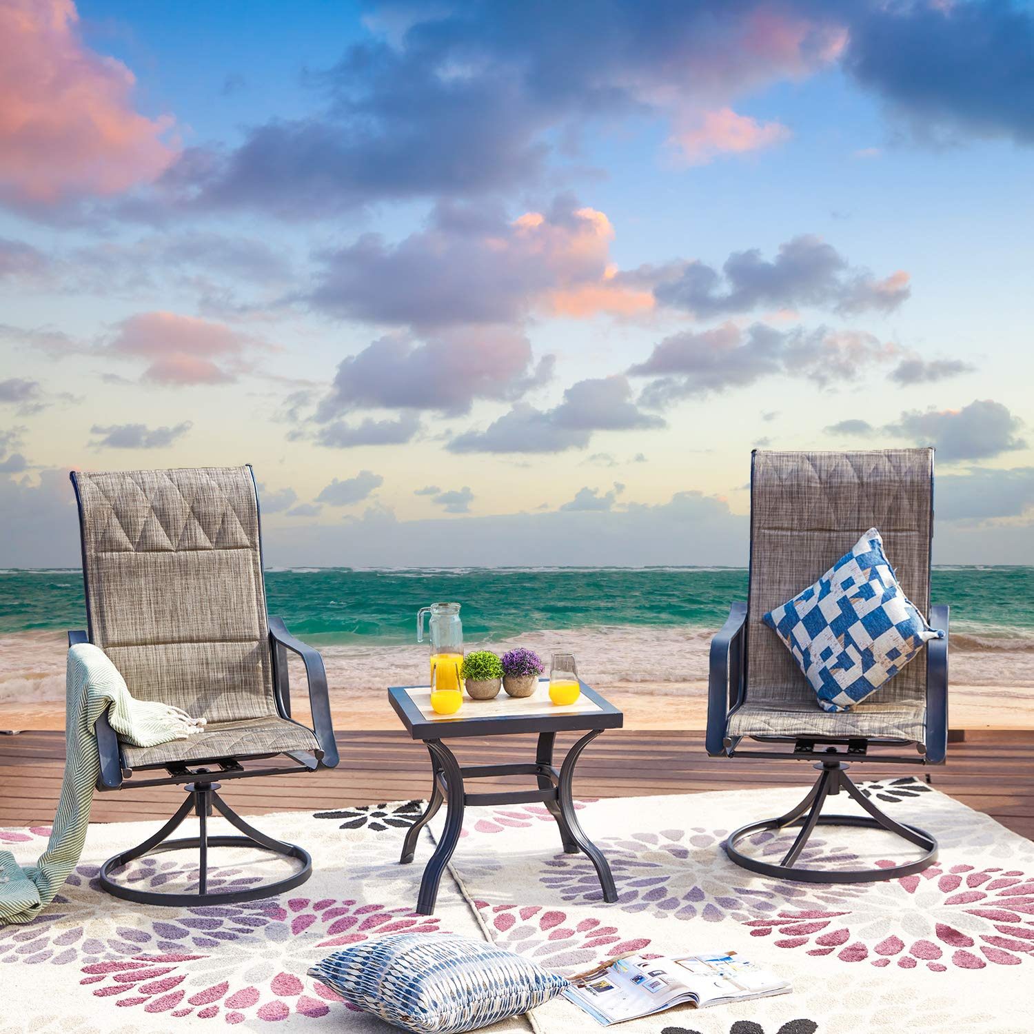 360° Swivel Outdoor Patio Dining Set - 3-Piece Bistro Chairs with Armrests & Square Metal Coffee Table - Steel Frame Rocking Furniture for Deck, Garden, Poolside - Perfect for Relaxing, Entertaining & Outdoor Gatherings (Gray)
