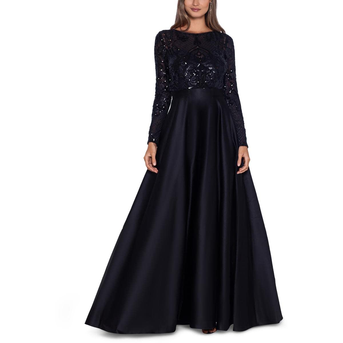 Betsy & Adam Women's Long Sleeve Sequin Lace A-Line Ballgown Dress for Prom, Wedding, and Formal Events – Elegant Evening Gown with Sparkling Embellishments