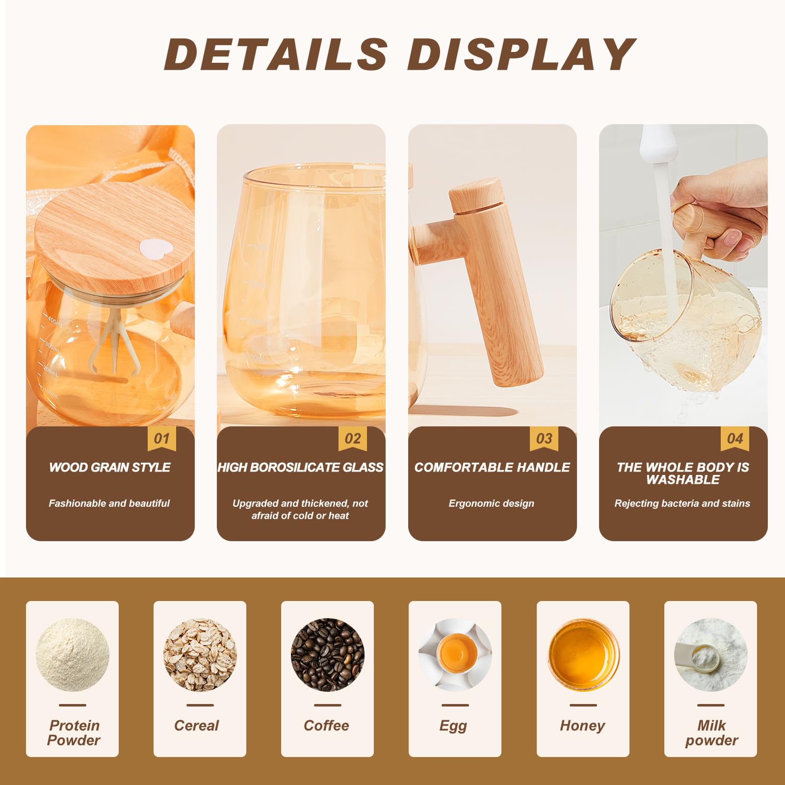 Maxcheck 2 Pack Self Mixing Glass Coffee Mug with Lid - 400ml Electric Rotating Blender Cup for Drinks, Milk, Protein Shakes - Battery Operated, Champaign Gold - Perfect for Office, Home & Travel Use