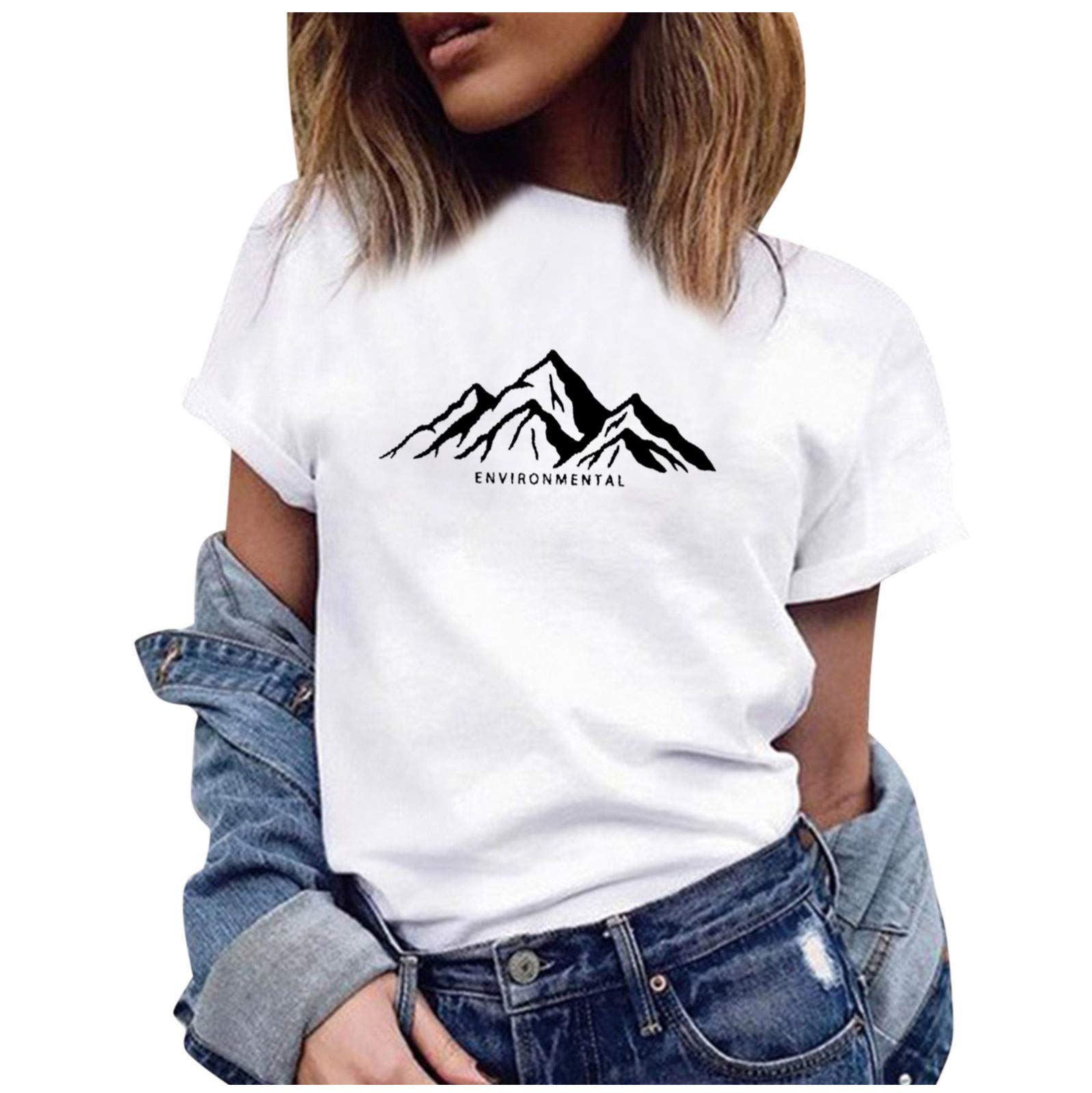 Women's Summer White Short Sleeve Blouse - Casual O-Neck T-Shirt with Sun & Moon Letter Print | Perfect for Beach Outings, Weekend Brunch & Summer Vacations