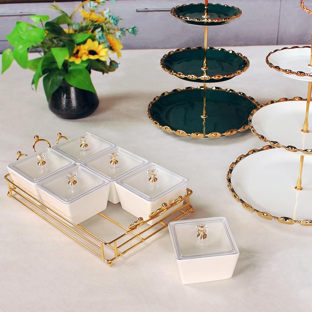 Premium Ceramic Bowls with Gold Lids & Serving Tray Set - 6 Removable Small Bowls for Snacks, Nuts, Fruits, Candy & Condiments | Elegant Party Serving Dish, Holiday Gift Idea & Home Decor for Dining Table, Kitchen Counter & Entertaining Guests