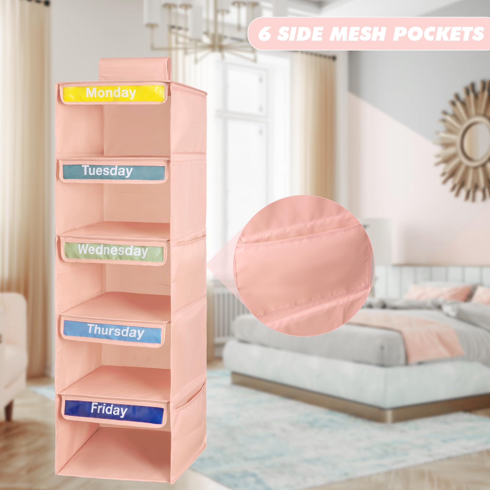 Kids Weekly Clothes Organizer - 7-Day Outfit Planner with Monday to Friday Labels | Light Pink Closet Organizer for School & Daily Outfit Planning | Perfect for Busy Mornings & Organized Kids' Rooms