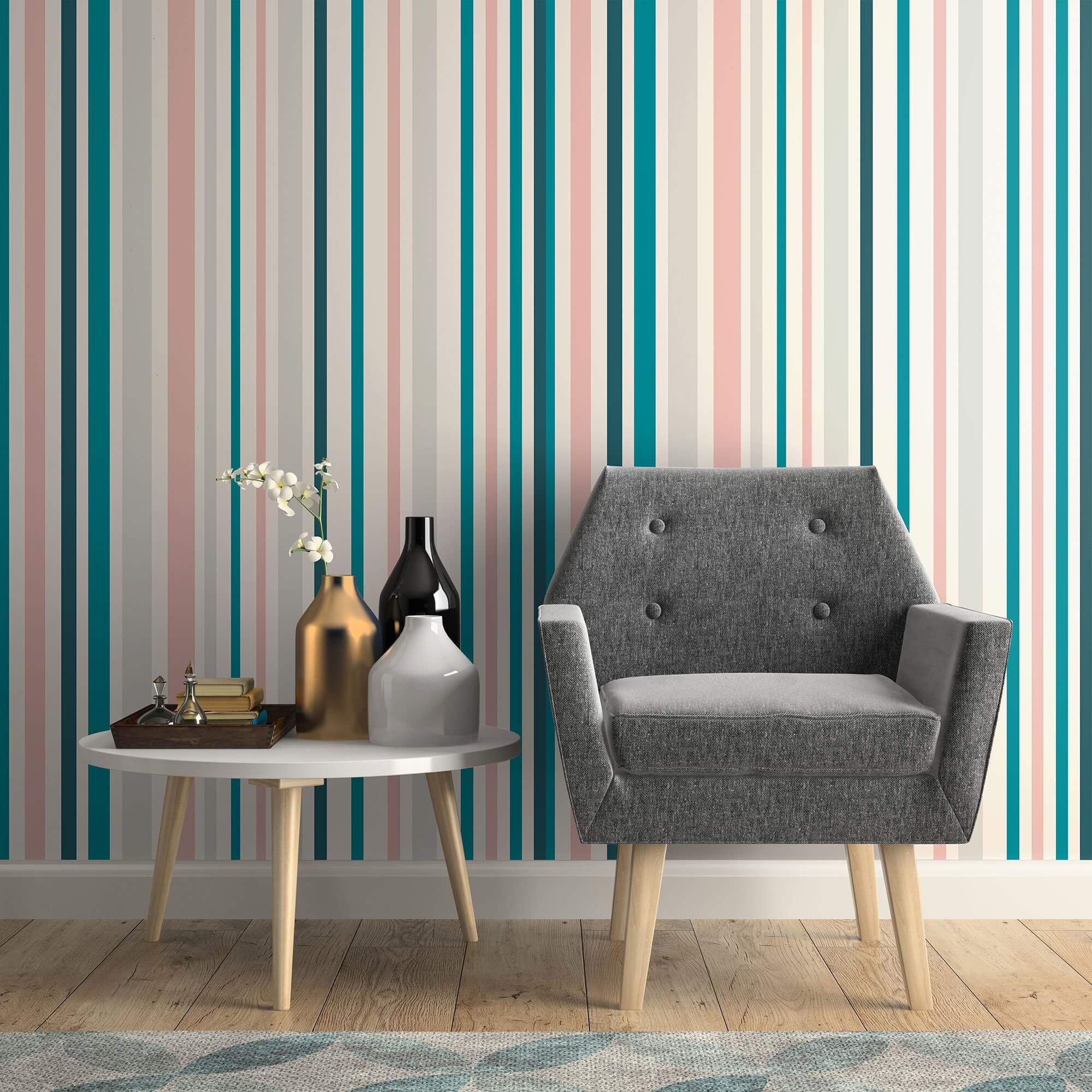 Teal and White Striped Peel and Stick Removable Wallpaper 0297 - Self-Adhesive Decorative Wall Covering for Bedroom, Living Room, Nursery & Office Decor
