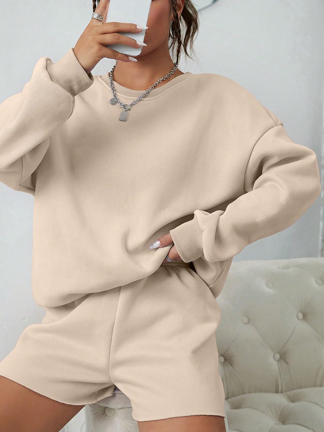 GORGLITTER Women's 2-Piece Lounge Set - Graphic Print Crewneck Sweatshirt & Shorts Tracksuit Outfit for Fall | Cozy Homewear, Casual Street Style, Gym Wear