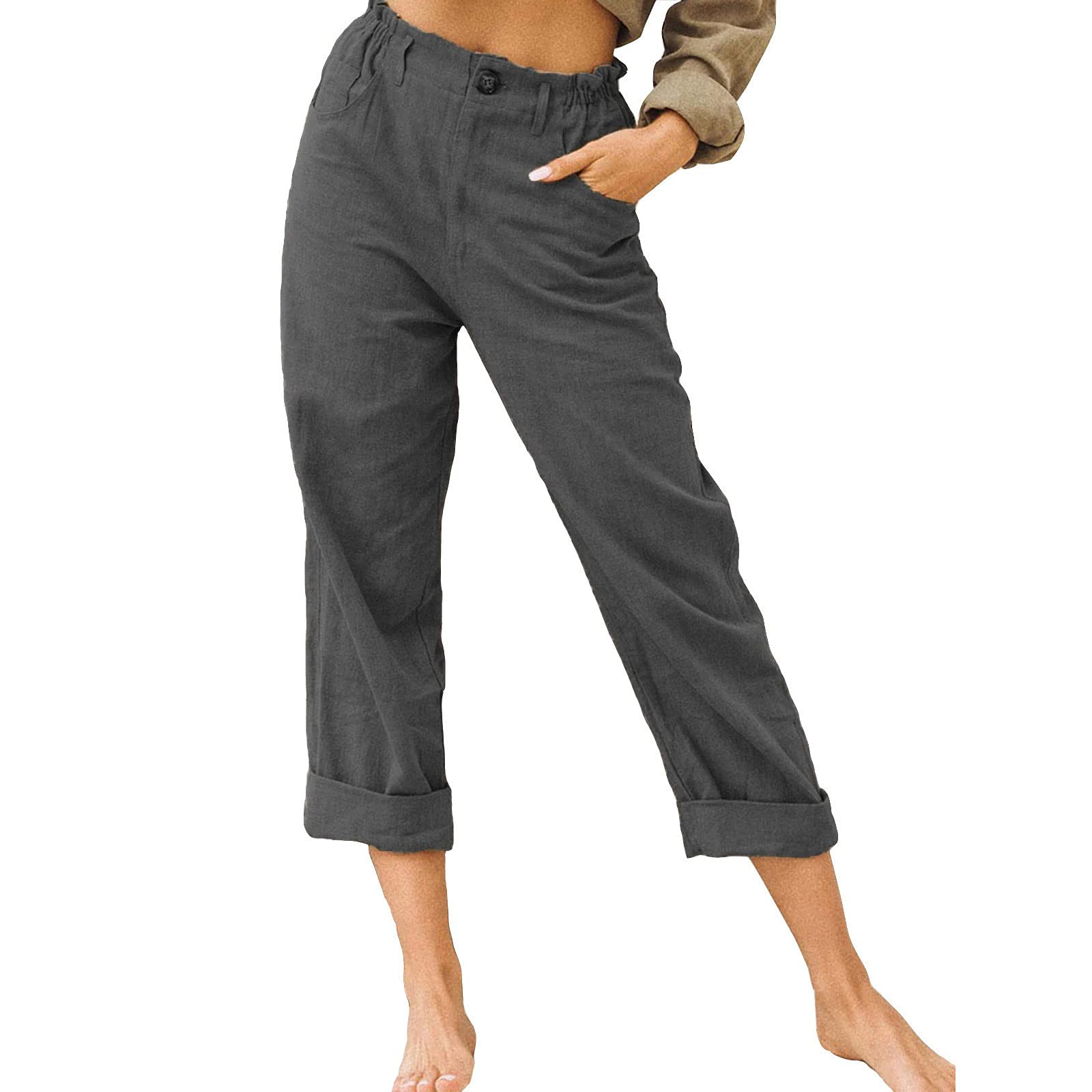 Women's Cotton Linen Elastic Waist Pants with Drawstring & Pockets - Casual Comfortable Trousers for Everyday Wear, Work, and Travel