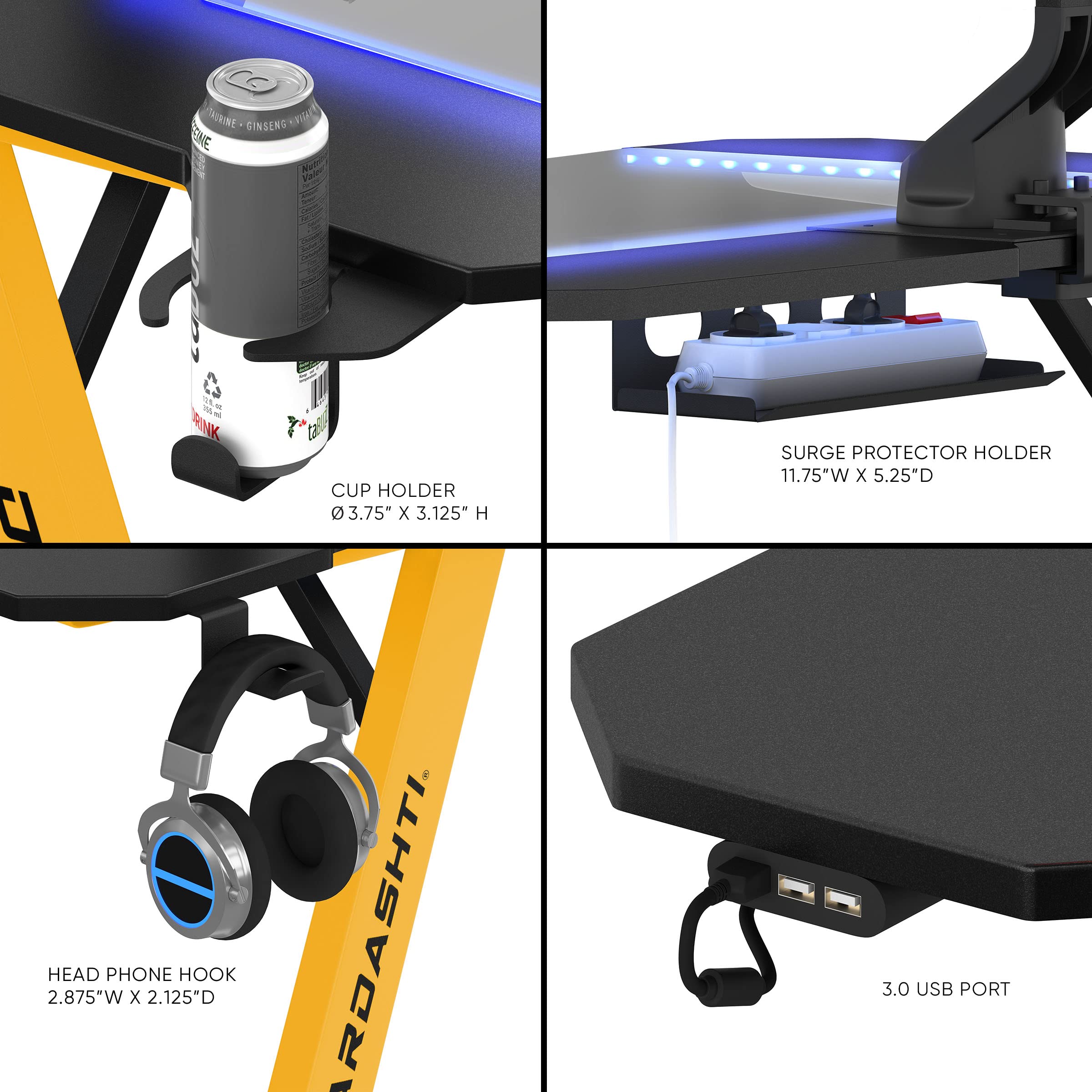 Atlantic Dardashti Z-Shaped Gaming Desk - Ergonomic PC Computer Workstation with Cup Holder & Headphone Hook (Model Z1-21, Racing Yellow, Large Size) - Perfect for Home Office, Esports & Streaming Setup