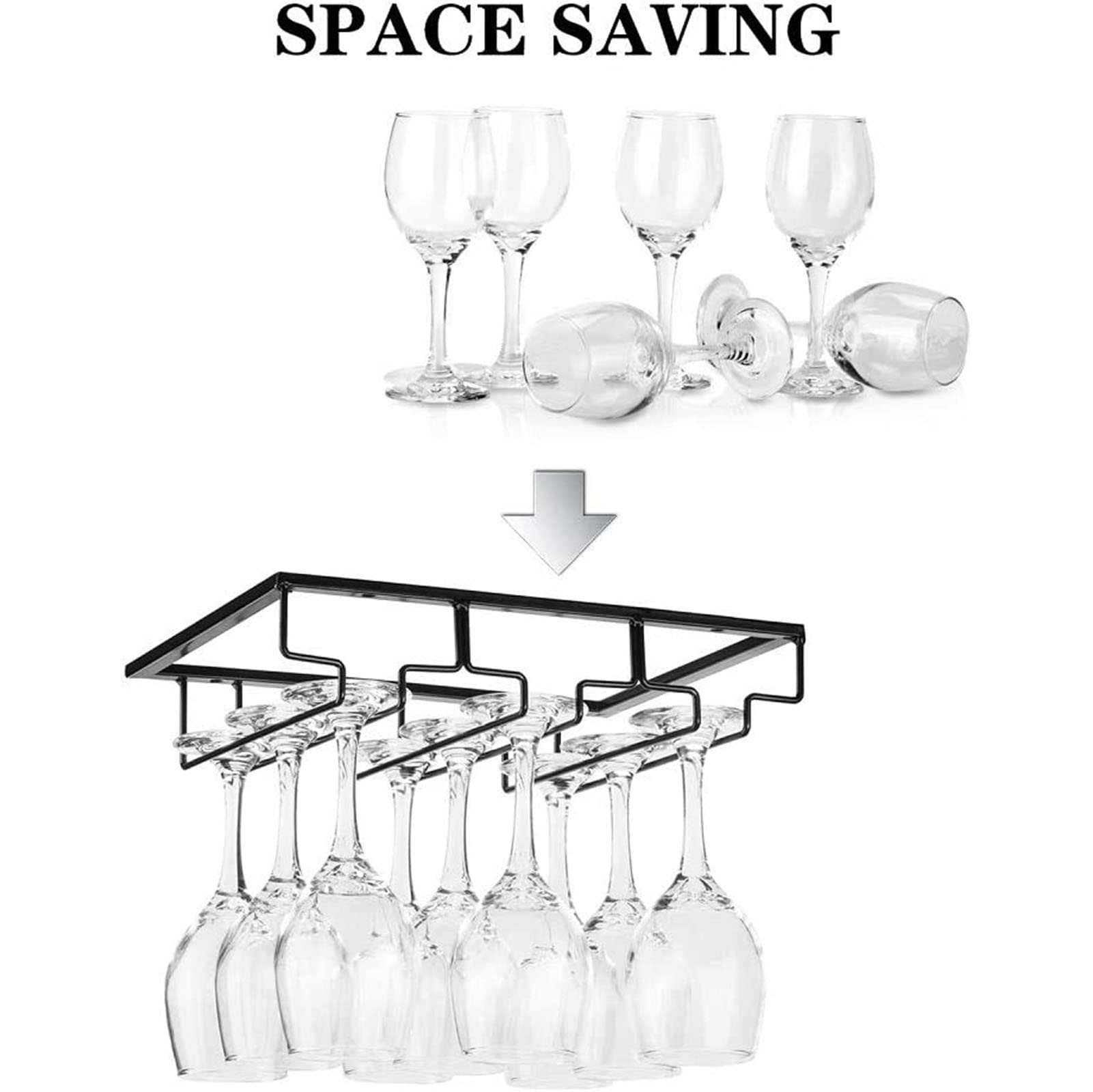 Black Metal Wine Glass Rack - 6 Slot Under Cabinet Stemware Holder for Kitchen, Bar & Restaurant - Perfect for Storing Wine Glasses, Mugs & Cups Under Shelves or Countertops