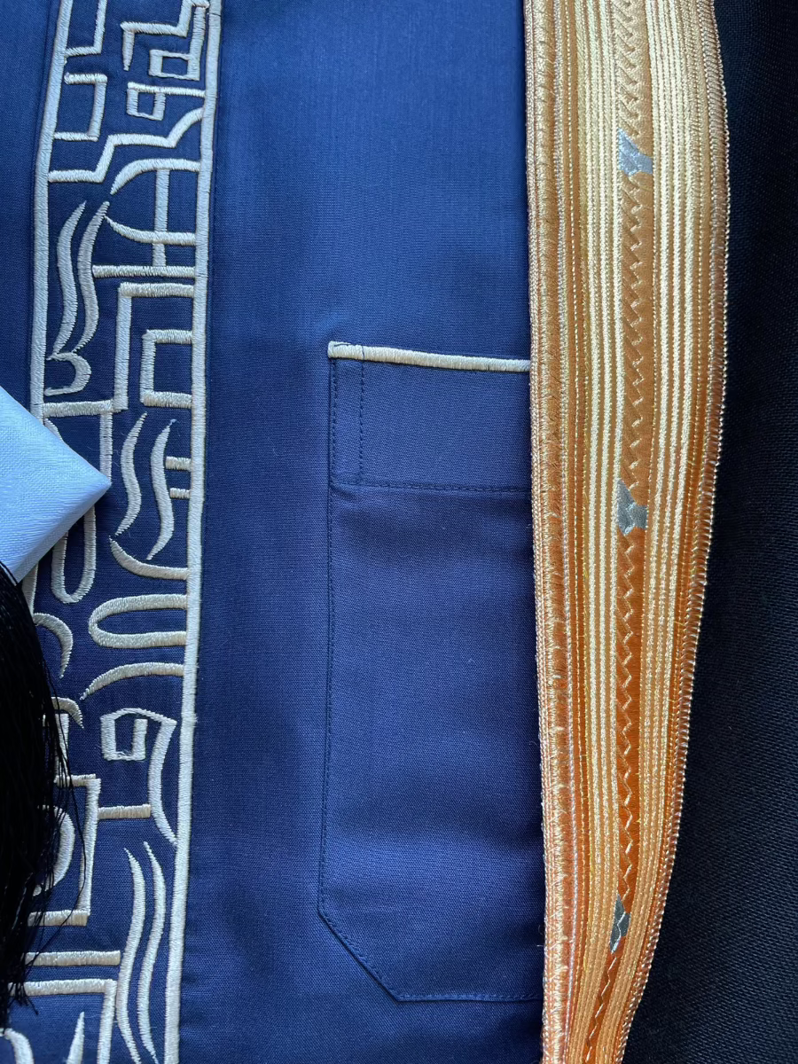 Premium Men's Blue Thobe with Gold Embroidery - 3 Piece Traditional Islamic Outfit Set for Eid, Wedding & Special Occasions