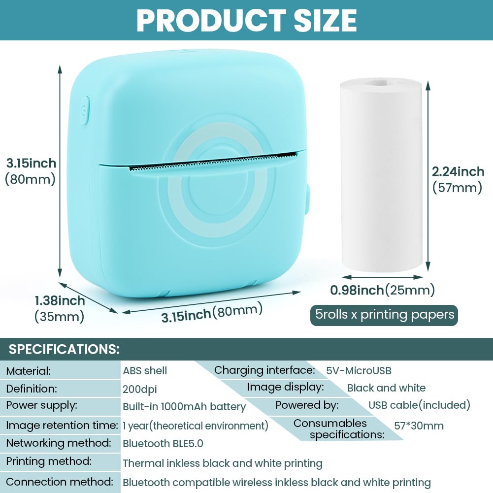Saycker Mini Thermal Bluetooth Printer - Portable Inkless Sticker Maker for iPhone & Android, 200 DPI, 21 ppm, Includes 5 Rolls Paper (Blue) - Perfect for DIY Crafts, Labeling, Receipts & Small Business Use