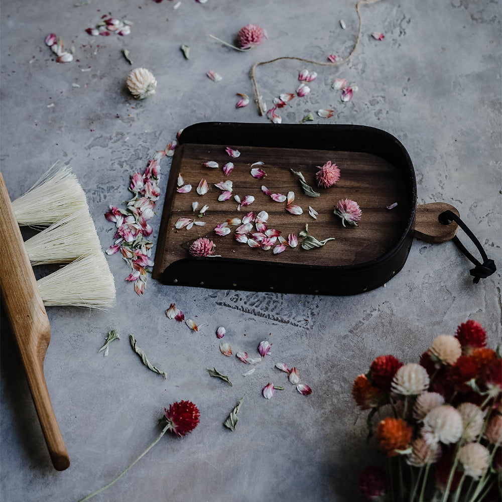 Premium Walnut Wood and Genuine Leather Handheld Dustpan - Perfect for Home Cleaning, Pet Hair, and Fireplace Ash Removal