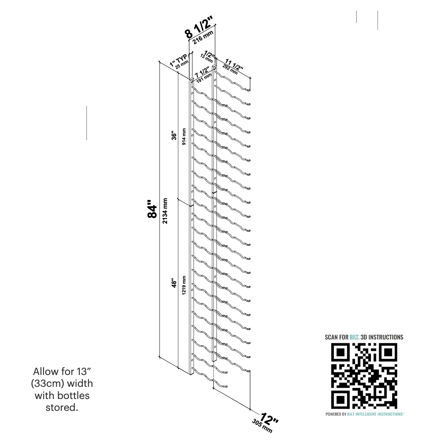 W Series Pro 7-Bottle Wall Mounted Wine Rack - Brushed Nickel Metal Wine Storage Shelf - Space Saving Modern Design for Kitchen, Dining Room or Bar - Holds 63 Bottles - Easy Access Home Organization Solution