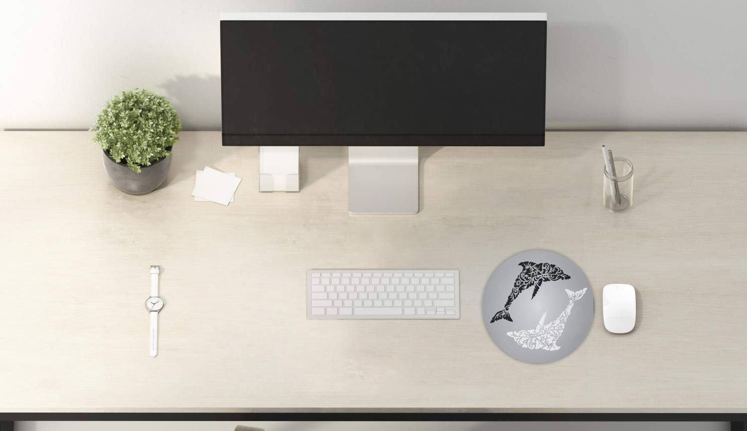 Ambesonne Dolphin Mouse Pad - Non-Slip Round Rubber Gaming Mousepad with Monochrome Subaquatic Floral Design (8