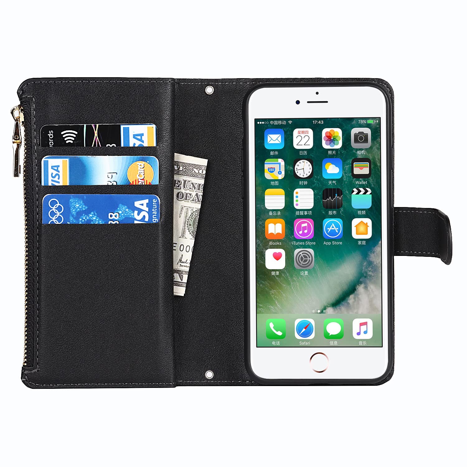 Premium Leather Magnetic Wallet Case for iPhone SE/8/7 - RFID Blocking Card Holder with Strap Stand - Slim Protective Cover for Men & Women - Perfect for Travel, Work & Everyday Use (Black)