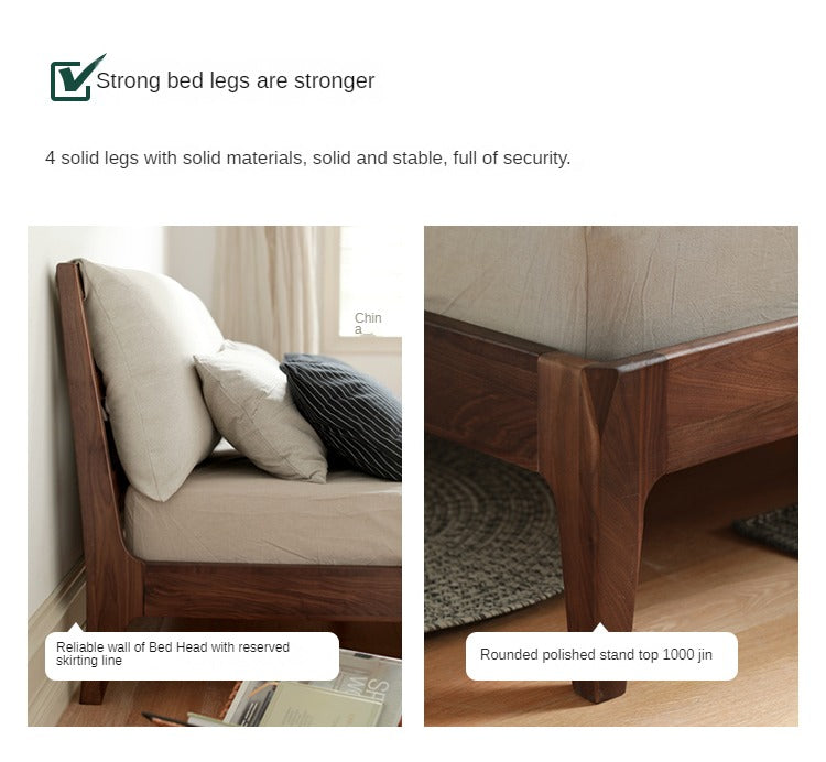 Premium Black Walnut Solid Wood Bed Frame - Queen Size Platform Bed with Soft Upholstered Headboard | Modern Bedroom Furniture for Master & Guest Rooms