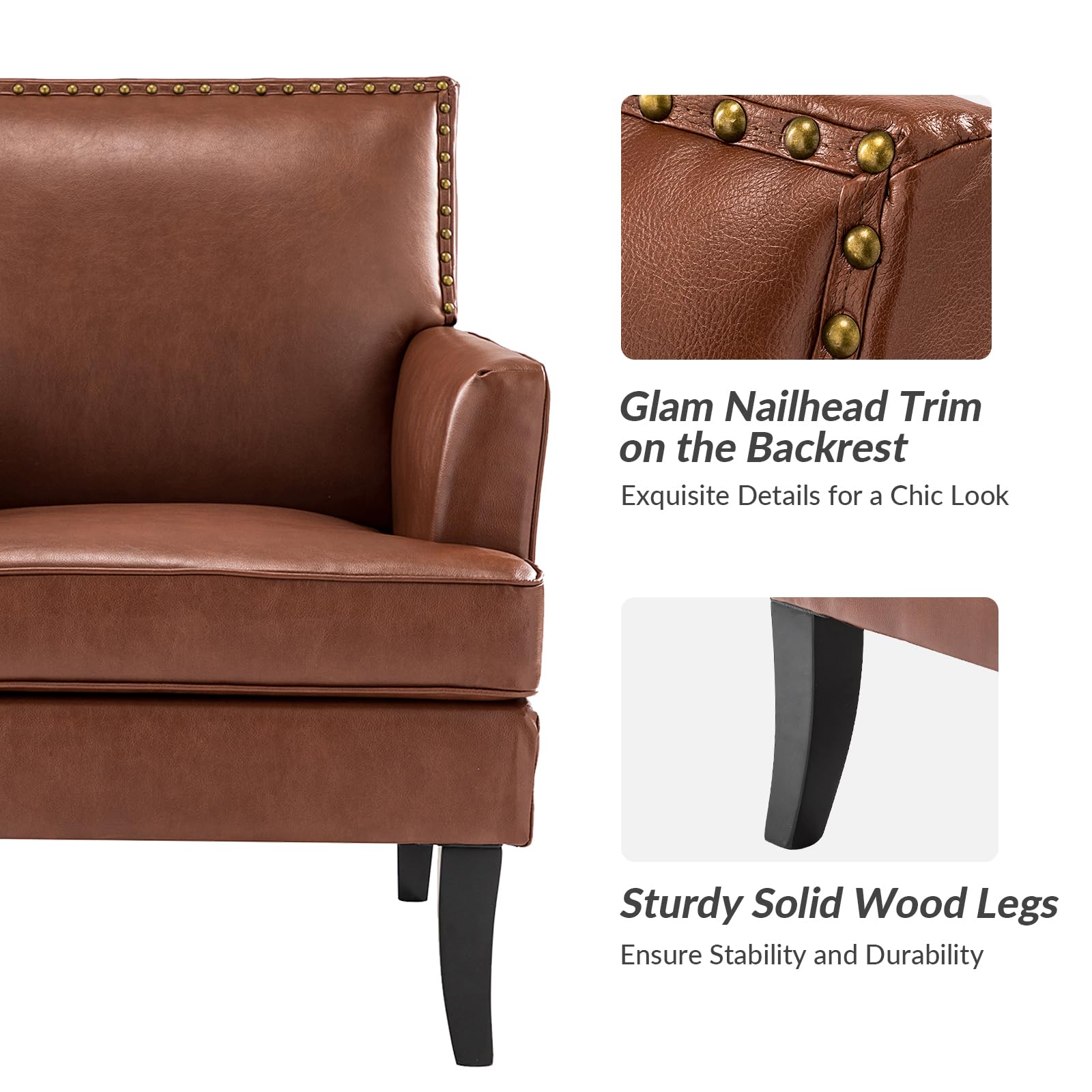 HULALA HOME Modern Faux Leather Accent Chairs Set of 2 - Upholstered Living Room Armchairs with Nailhead Trim & Wood Legs - Comfy Sofa Chairs for Bedroom, Office or Lounge (Brown)