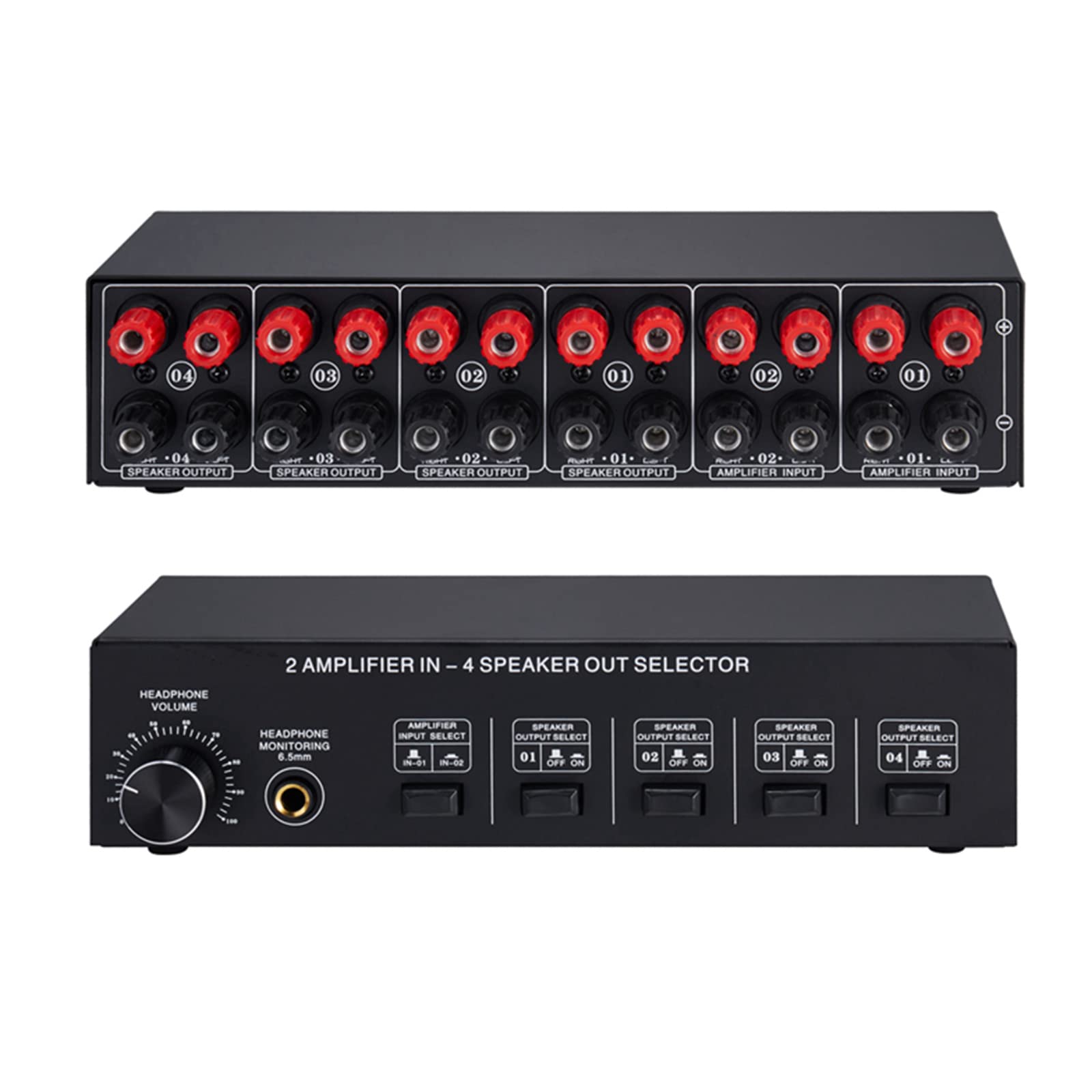 Premium 2-In 4-Out Stereo Amplifier Speaker Selector Switch Box - Compare & Switch Between 2 Amplifiers for Home Theater, Studio, or Multi-Room Audio Systems
