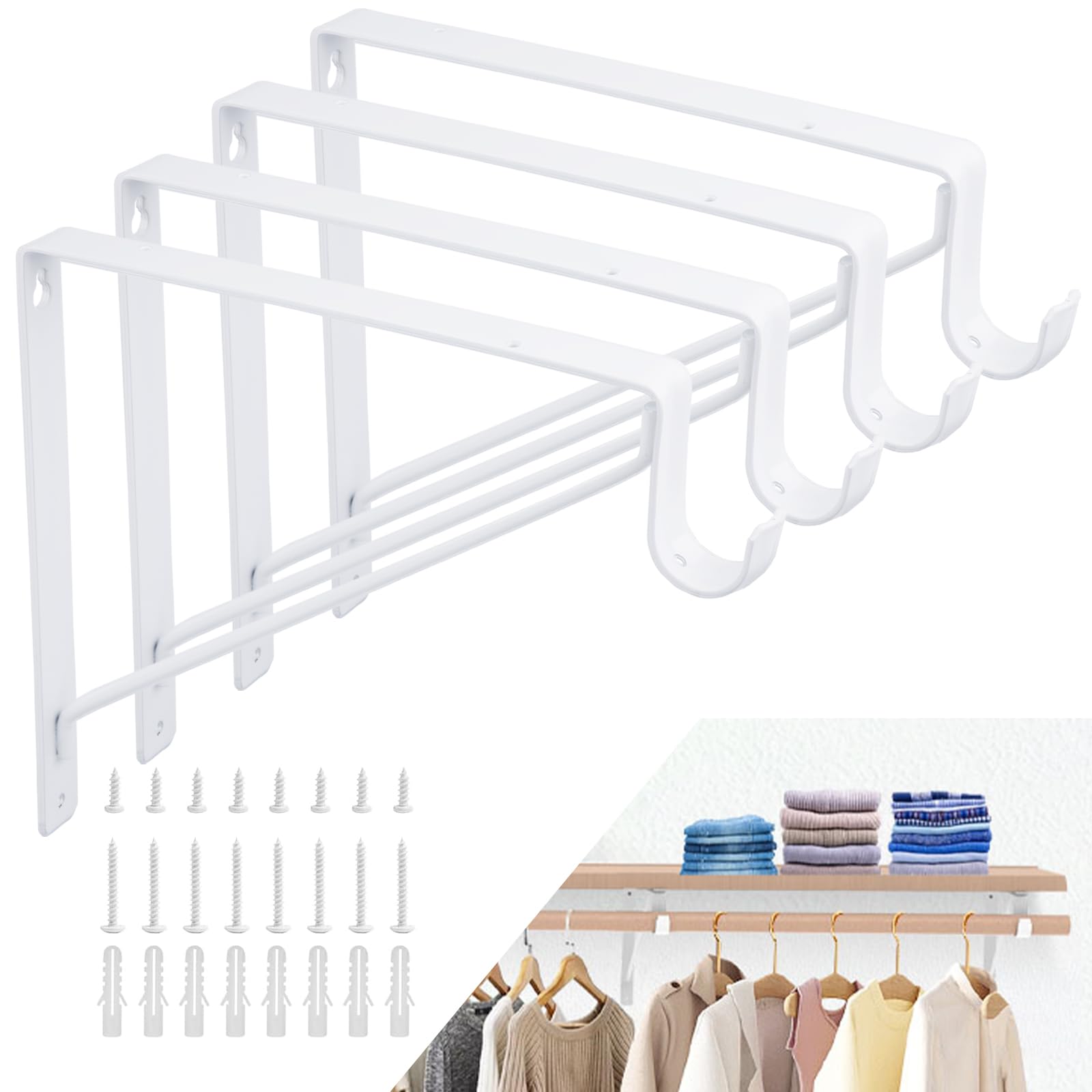 Heavy Duty 4 Pack White Closet Rod Brackets - Supports 1-3/8” Diameter Rods, 10.8” x 10.8” Shelf & Rod Holders for Sturdy Closet Organization - Perfect for Bedroom, Walk-in Closet, and Laundry Room Storage Solutions