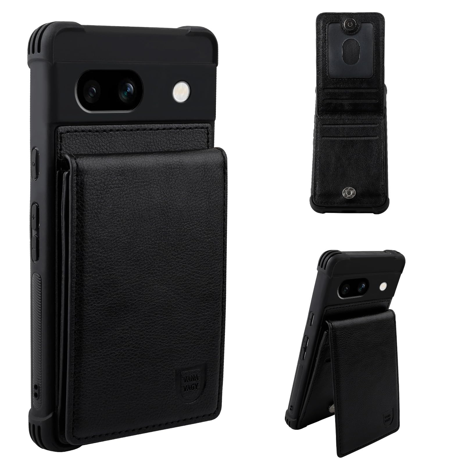 VANAVAGY Google Pixel 7A Wallet Case - Premium Leather Magnetic Flip Cover with Card Holder & RFID Blocking - Compatible with Car Mount - For Women & Men (Black) - Perfect for Daily Commute, Travel & Business Use