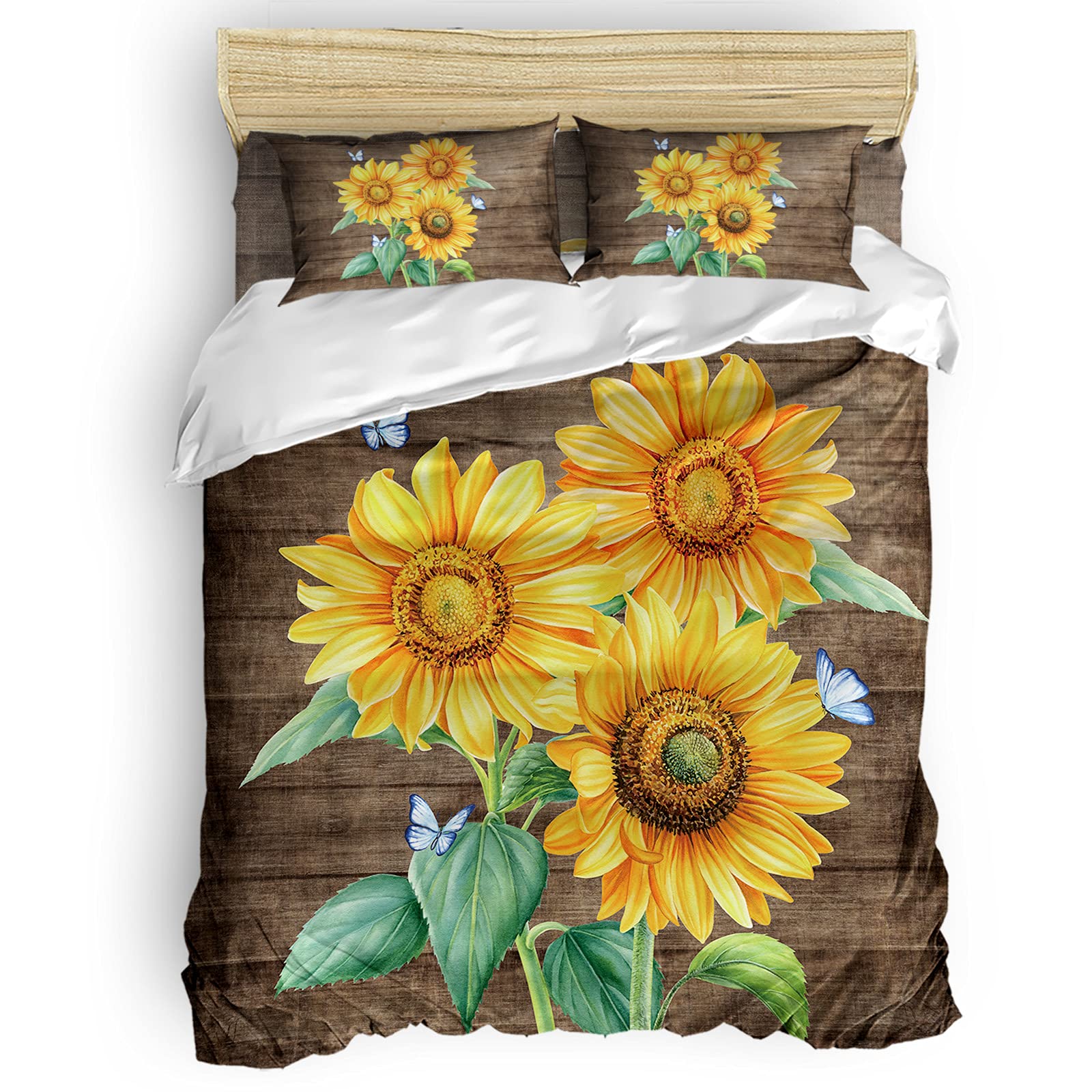 MUSEDAY 4-Piece Queen Size Duvet Cover Set - Farmhouse Country Style Sunflower & Blue Butterfly Design with Wood Grain Pattern, Ultra Soft Comforter Cover with Zipper Closure & Corner Ties - Perfect for Bedroom Decor, Guest Room, and Cozy Farmhouse Aesthetic