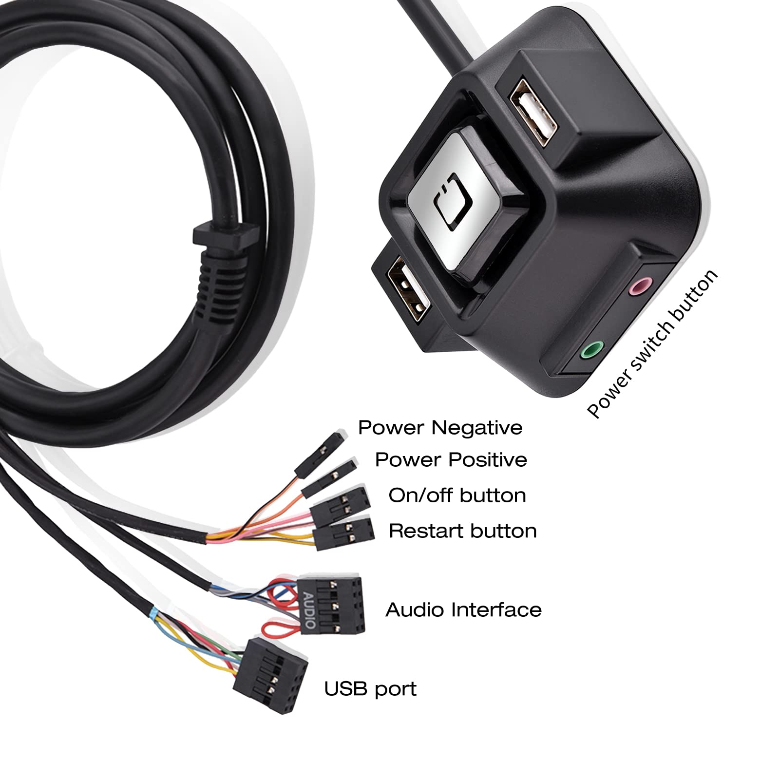 Desktop Computer Power Switch with USB Ports, Audio Ports & Power Supply - External PC On/Off Button - 1.55/5FT Cable for Home Office & Gaming Setup