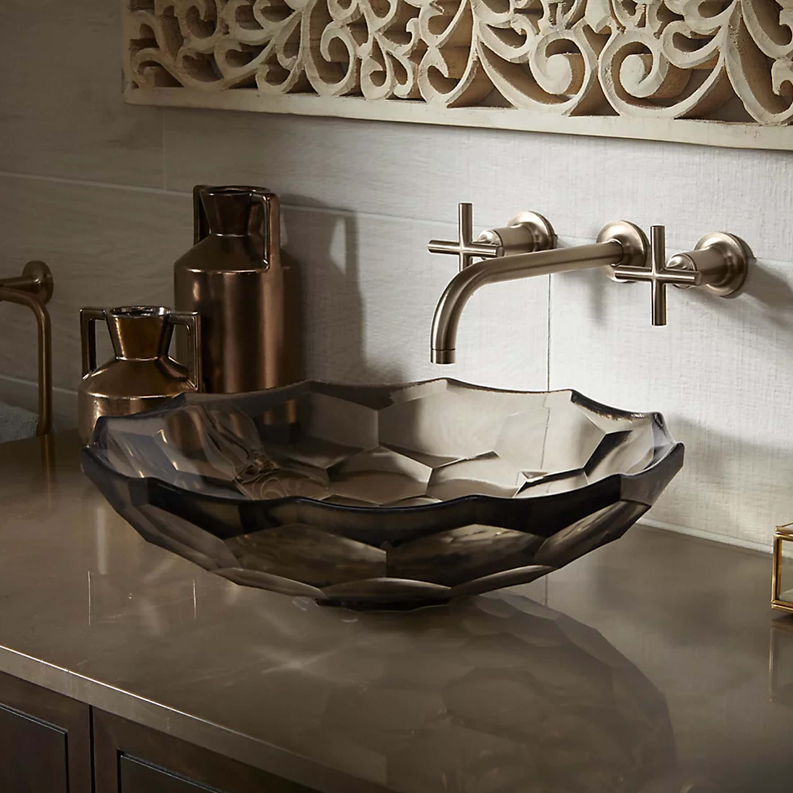 Briolette Faceted Glass Basin - Translucent Doe Design for Bathroom & Kitchen Sink | Modern Home Decor Accessory