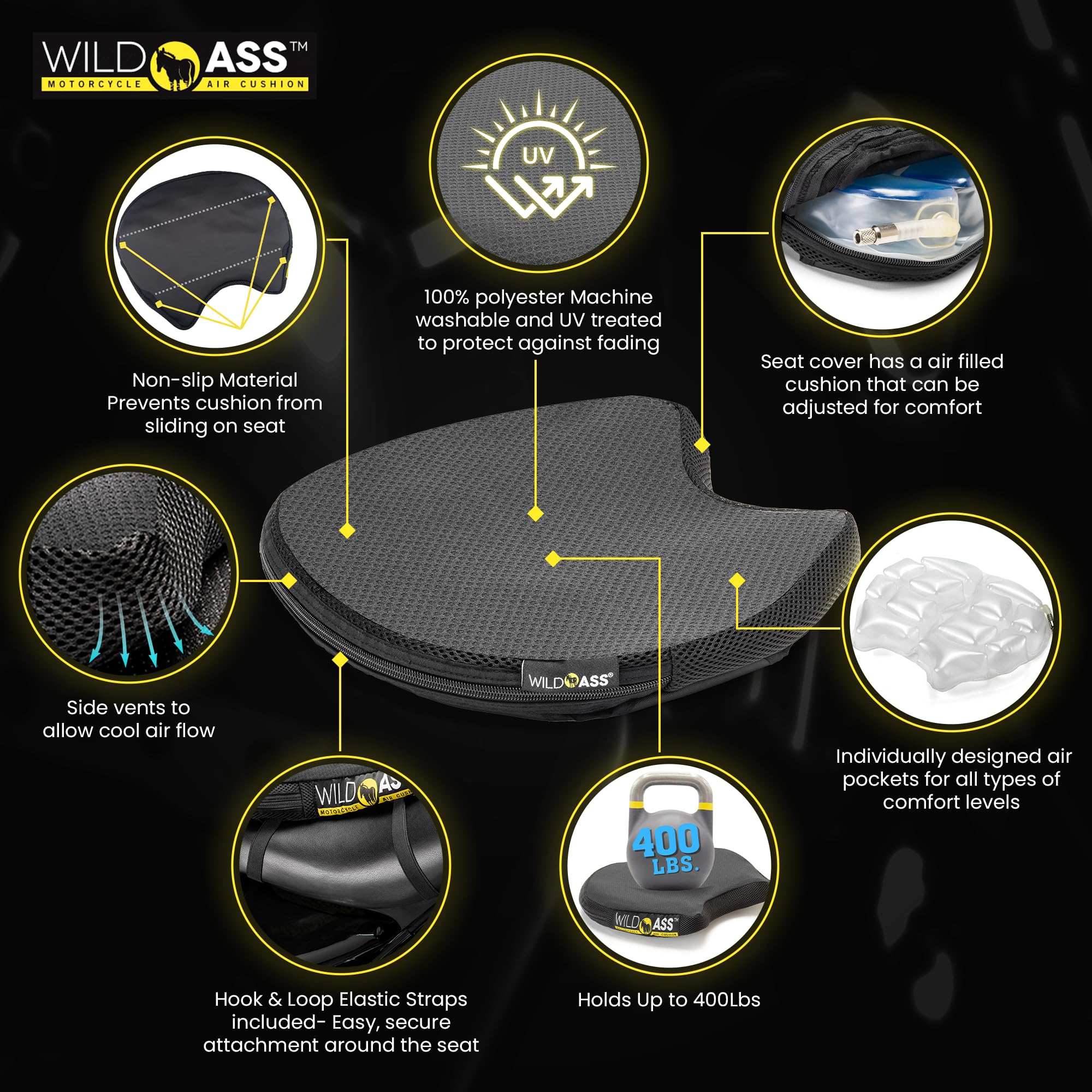 Motorcycle Air Gel Seat Cushion - Universal Ergonomic Adjustable Airflow Pad with Straps for Long Rides - Black | Comfortable Riding Gear for Cruisers, Touring Bikes & Commuters