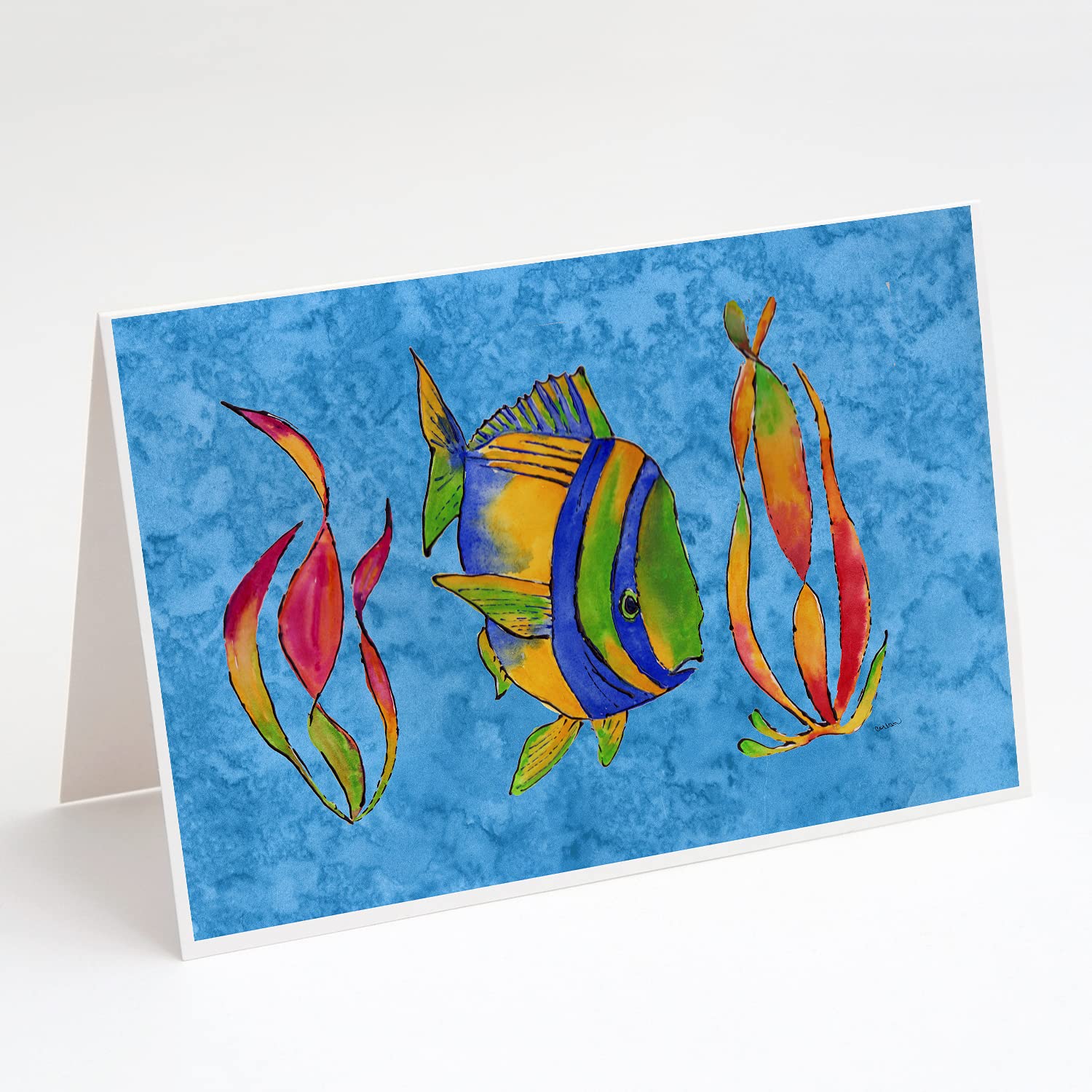 Caroline's Treasures 8713GCA7P Tropical Fish & Seaweed Blue Greeting Cards - Pack of 8 Blank A7 Note Cards (5x7 inches) with Envelopes | Perfect for Birthday Wishes, Thank You Notes & Ocean-Themed Correspondence