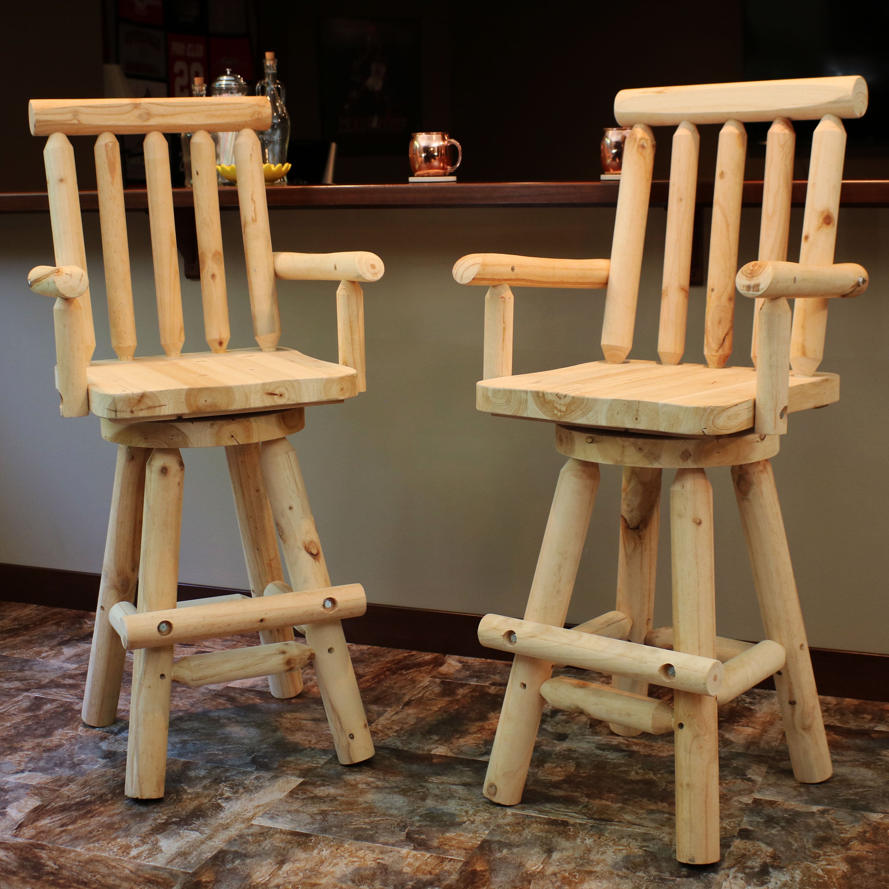 Rustic Outdoor Bar Stool - Log Cabin Style Bar Height Stool 42