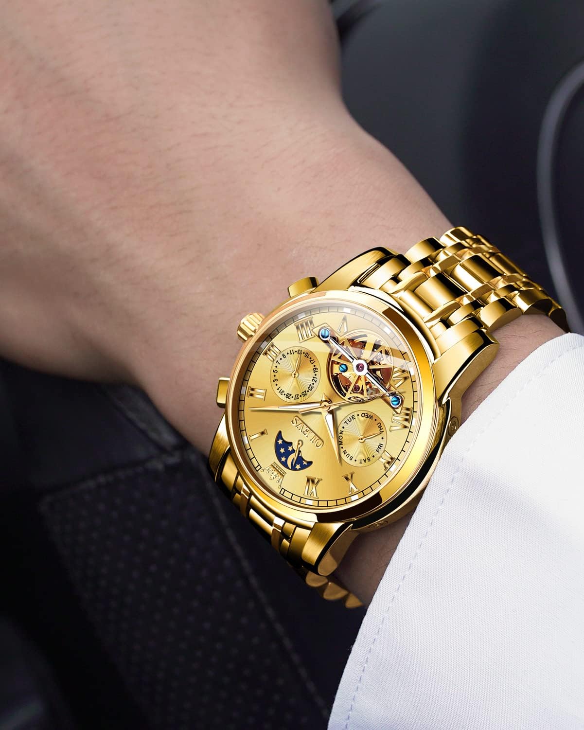 OLEVS Men's Automatic Skeleton Tourbillon Mechanical Watch - Self Winding Luxury Dress Watch with Moon Phase, Day Date, Waterproof & Luminous - Perfect for Business, Formal Events & Gifts for Him