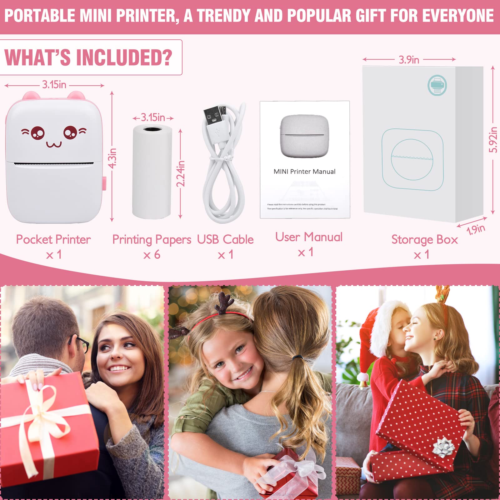 Eschen Pocket Mini Printer - Portable Wireless Thermal Printer for iOS & Android, 6 Rolls Inkless Printing Paper Included - Print Labels, Receipts, Stickers, Photos, Lists & Notes - Perfect for Home, Office, Travel & Gift Giving (Pink)