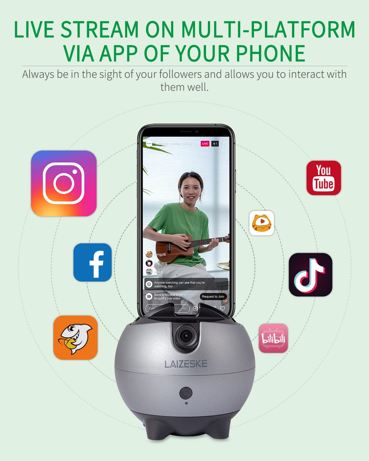 360° Auto Tracking Phone Holder - No App Required, Hands-Free Face & Body Motion Tracking for Live Streaming - Perfect for Facebook, YouTube, TikTok Vlogs & Video Calls